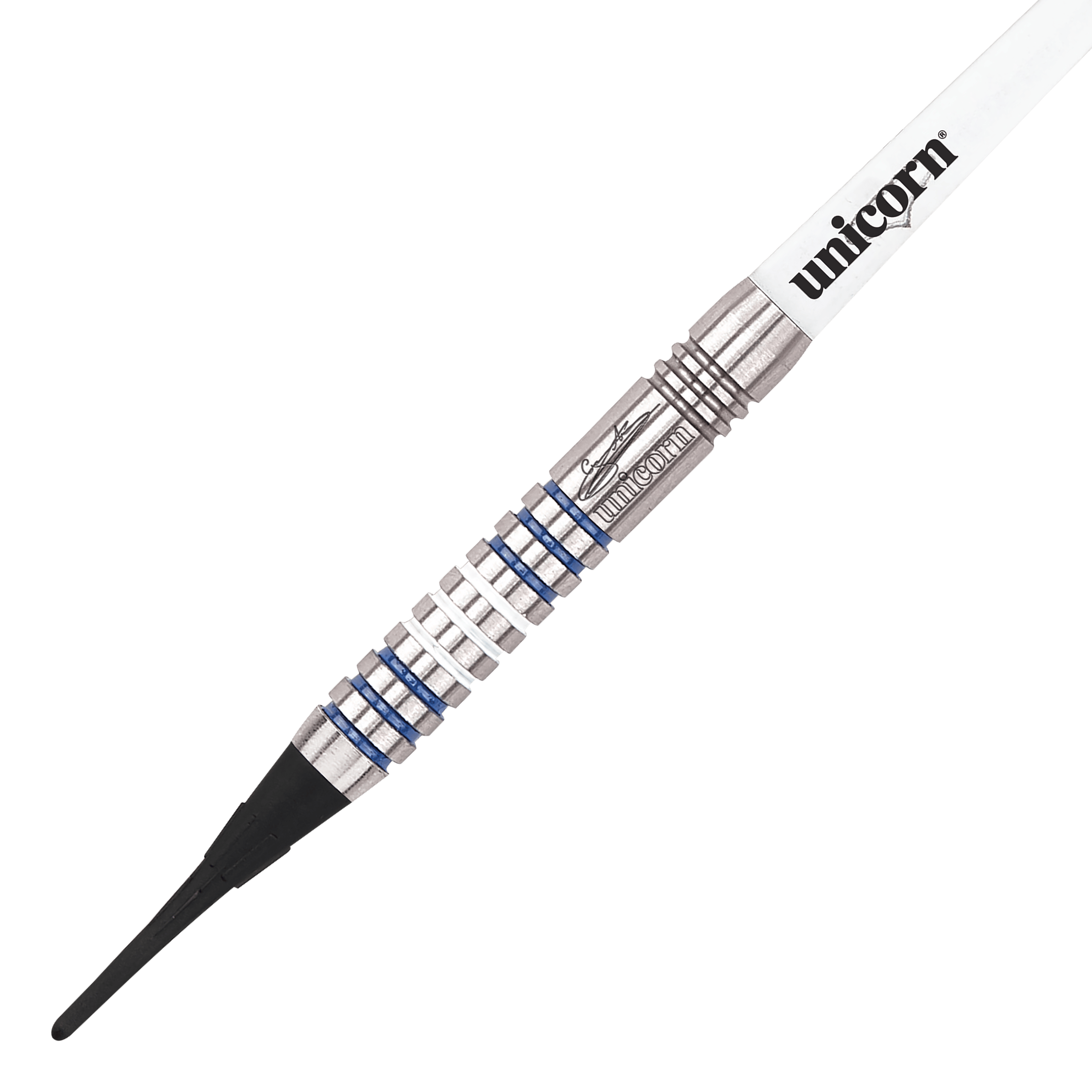 Fléchettes souples Unicorn Silver Star Var.3 Gary Anderson Das Bild zeigt die Unicorn Silver Star Version 3 Gary Anderson Softdarts. Drei silberne Dartpfeile liegen nebeneinander auf weißem Hintergrund.