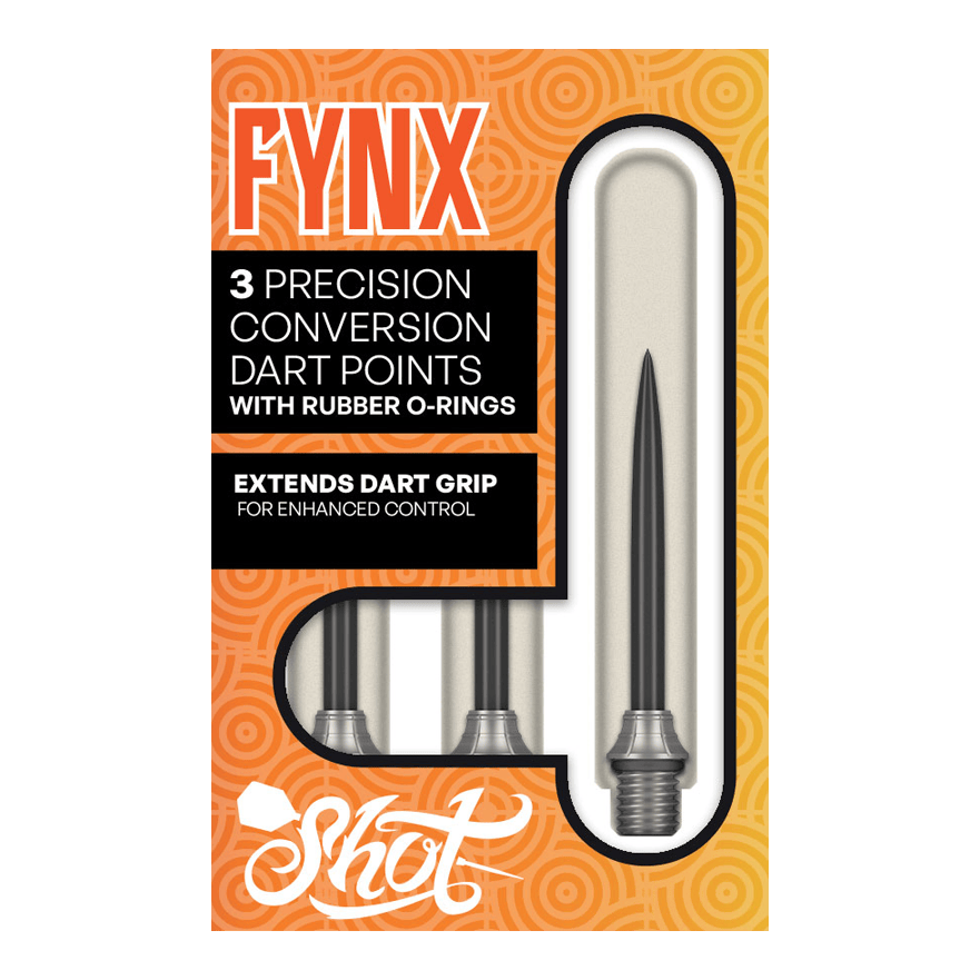 Points de conversion Shot Fynx - 32 mm Das Foto zeigt die Shot Fynx Conversion Points, 32 mm lang. Diese Dartspitzen ermöglichen ein einfaches Umwechseln der Pointen.