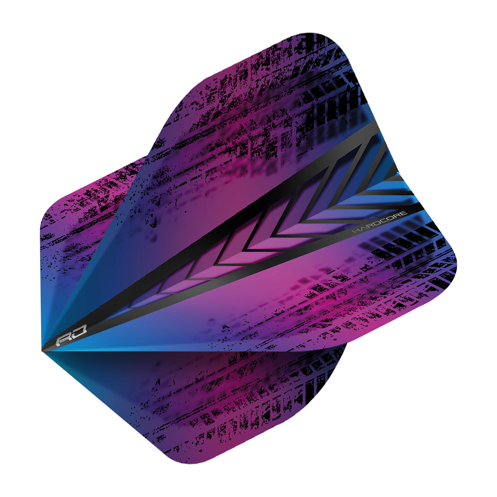 Das Bild zeigt das Produkt "Red Dragon Hardcore Standard Flights 6334". Das Flight hat ein modernes Design in Lila-, Blau- und Schwarztönen mit grafischen Mustern.