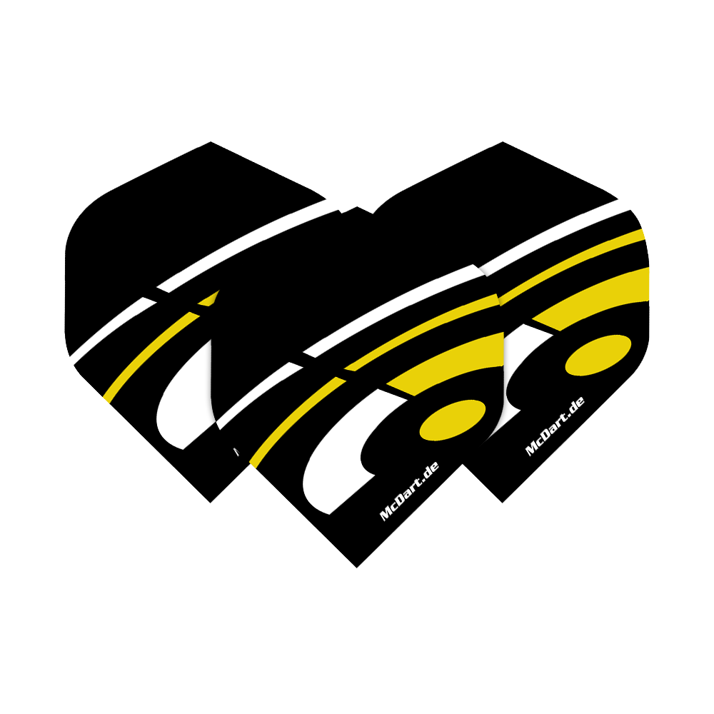 Vols standard McDart ID - Jaune Das Bild zeigt drei McDart ID Standard Flights in der Farbe Gelb. Die Flights haben ein schwarzes Design mit weißen und gelben Akzenten sowie dem Schriftzug "McDart.de".