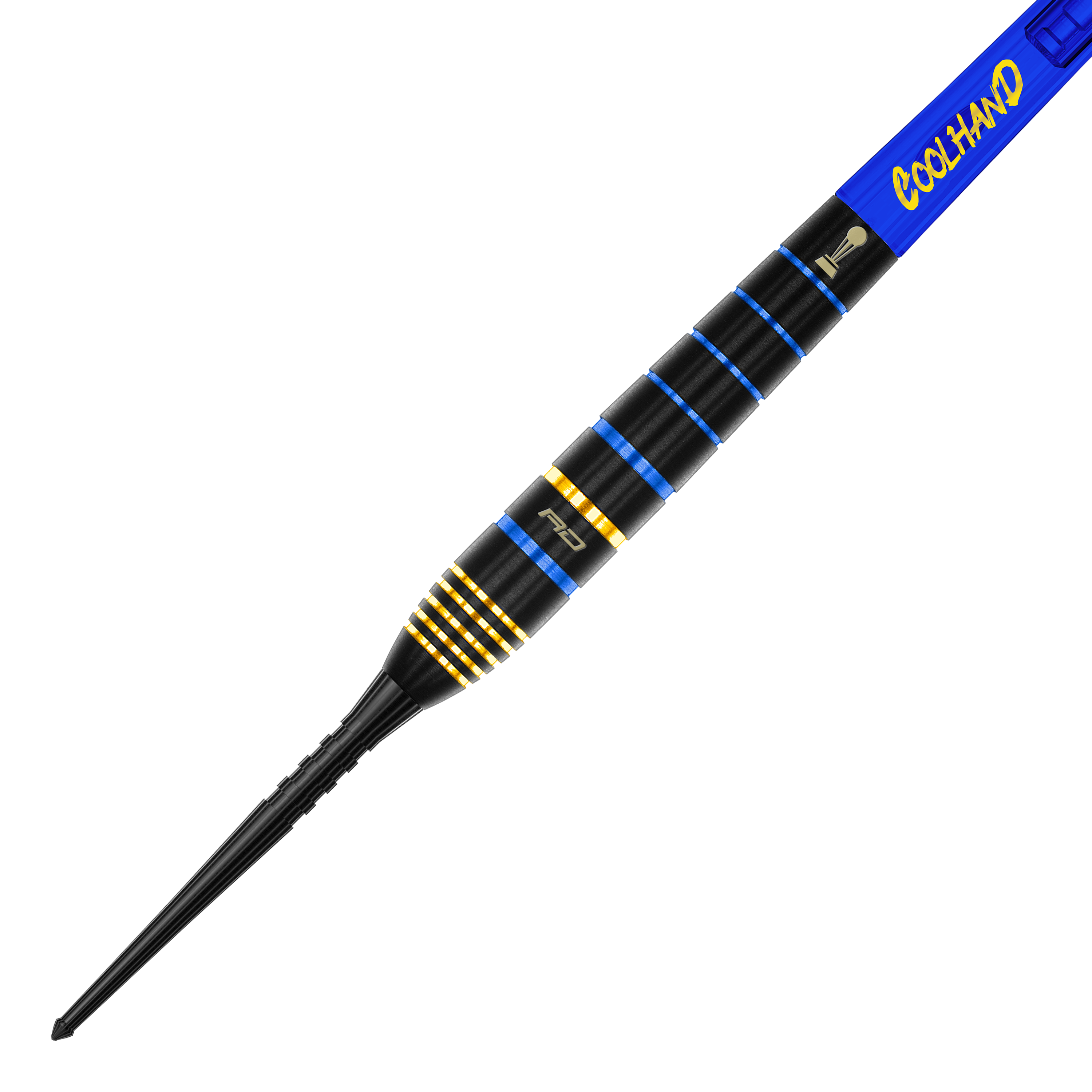 Fléchettes en acier Red Dragon Luke Humphries TX4 Avenger Das Bild zeigt einen Red Dragon Luke Humphries TX4 Avenger Steeldart. Der Dart ist schwarz mit blauen und goldenen Ringen sowie einem blauen Schaft mit der Aufschrift "COOLHAND".