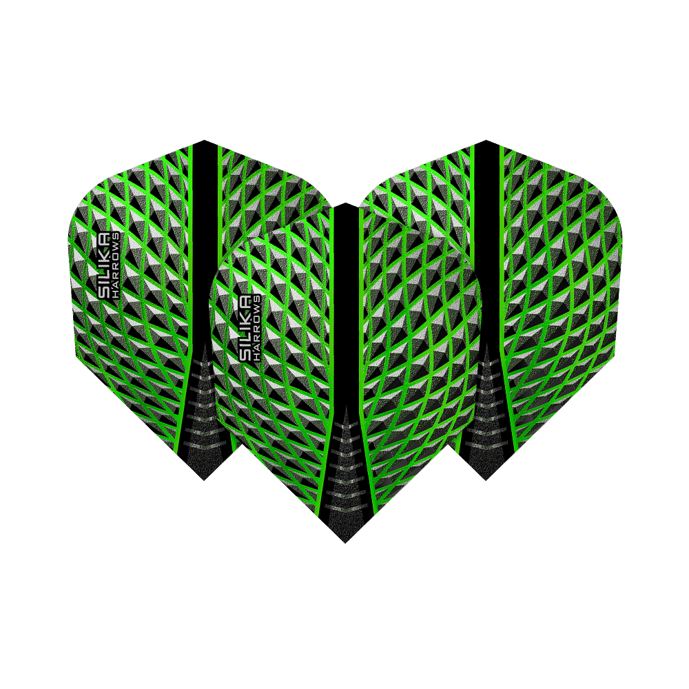 HR57_Harrows_Silika_Green_No6_Flights_1735dATSWsZCvG Das Bild zeigt die Harrows Silika Green No6 Flights mit einem auffälligen grünen und silbernen Muster. Die Flights haben eine moderne, geometrische Optik mit schwarzem Mittelstreifen und dem Silika Harrows Logo.