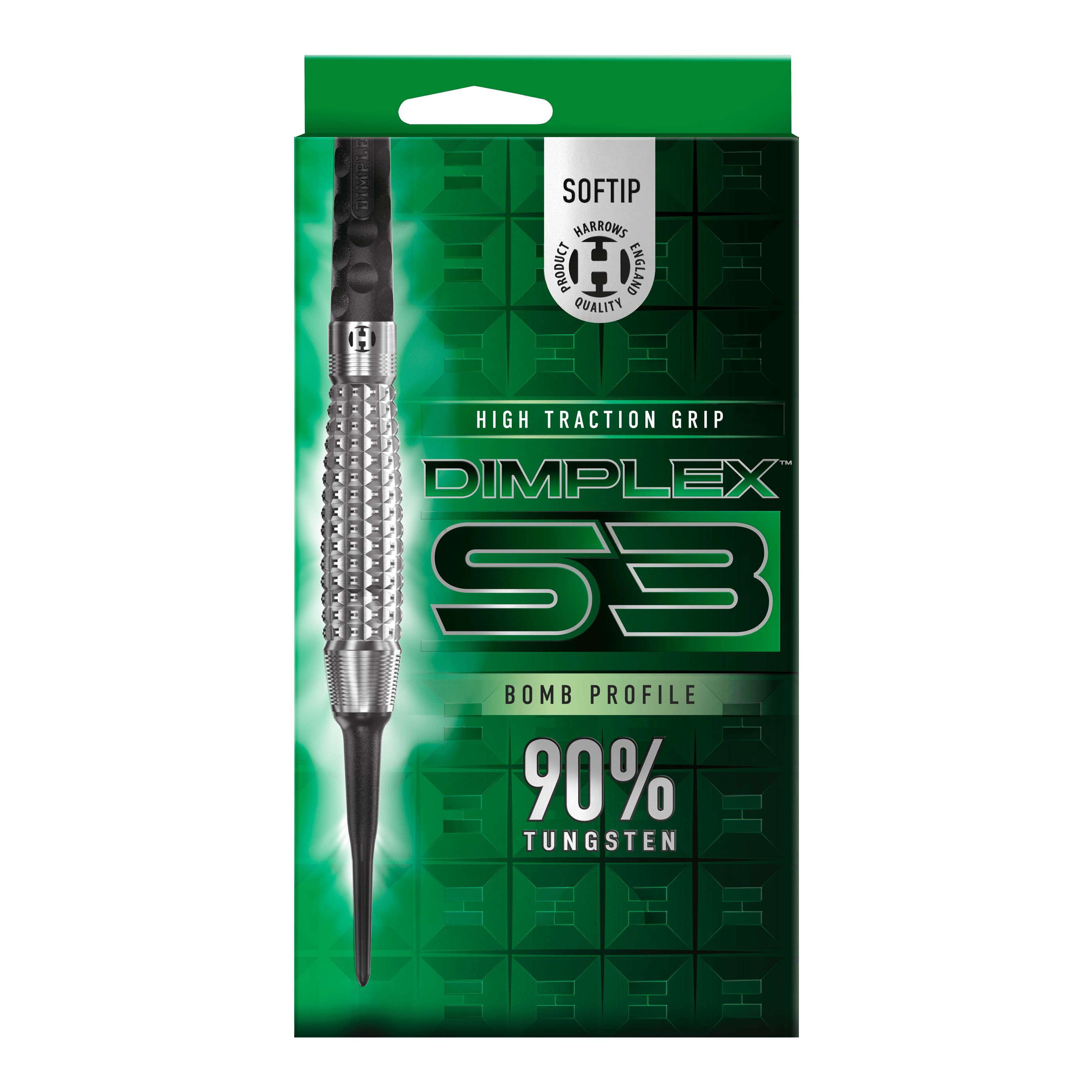 Fléchettes souples Harrows Dimplex S3 Bomb Das Bild zeigt eine Verpackung der "Harrows Dimplex S3 Bomb Softdarts". Auf der Verpackung steht, dass die Darts eine hohe Grifftraktion haben und aus 90% Wolfram bestehen.