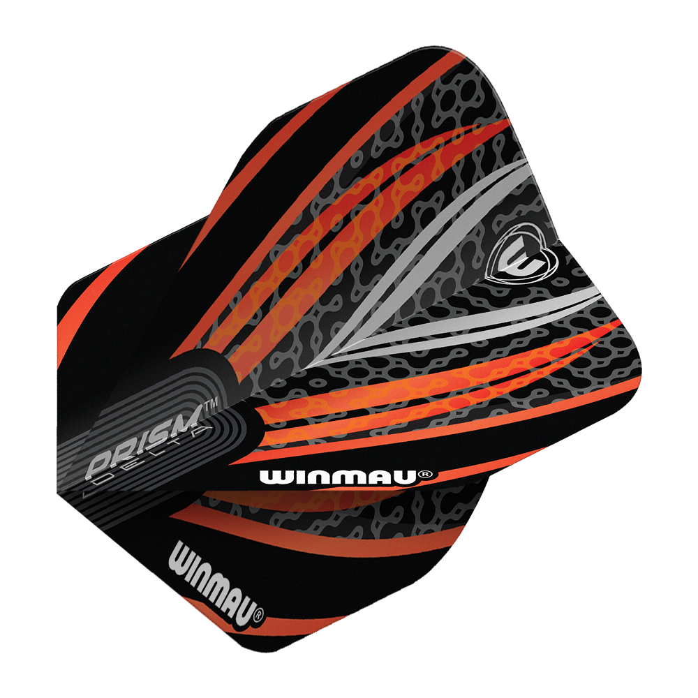 Vols standard Winmau Prism Delta Noir Blanc Orange n° 2 Das Bild zeigt ein Winmau Prism Delta Flight in den Farben Schwarz, Weiß und Orange. Das Flight hat ein modernes, auffälliges Muster mit dem Winmau-Logo und Schriftzug.