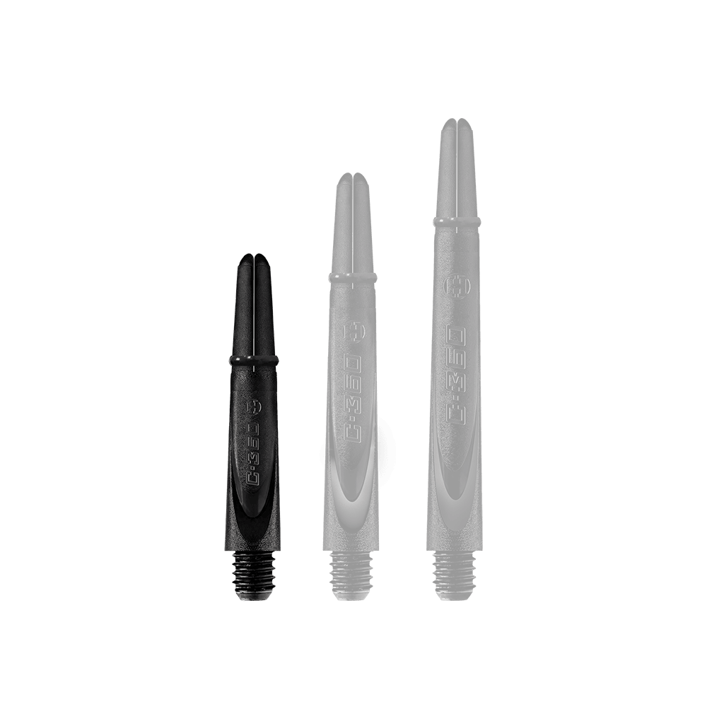 HR458_Harrows_Carbon_360_Shafts_Schwarz_35mm_1 Das Bild zeigt drei schwarze Harrows Carbon 360 Shafts in unterschiedlichen Längen. Sie sind nebeneinander aufgereiht und haben ein schlichtes, modernes Design.