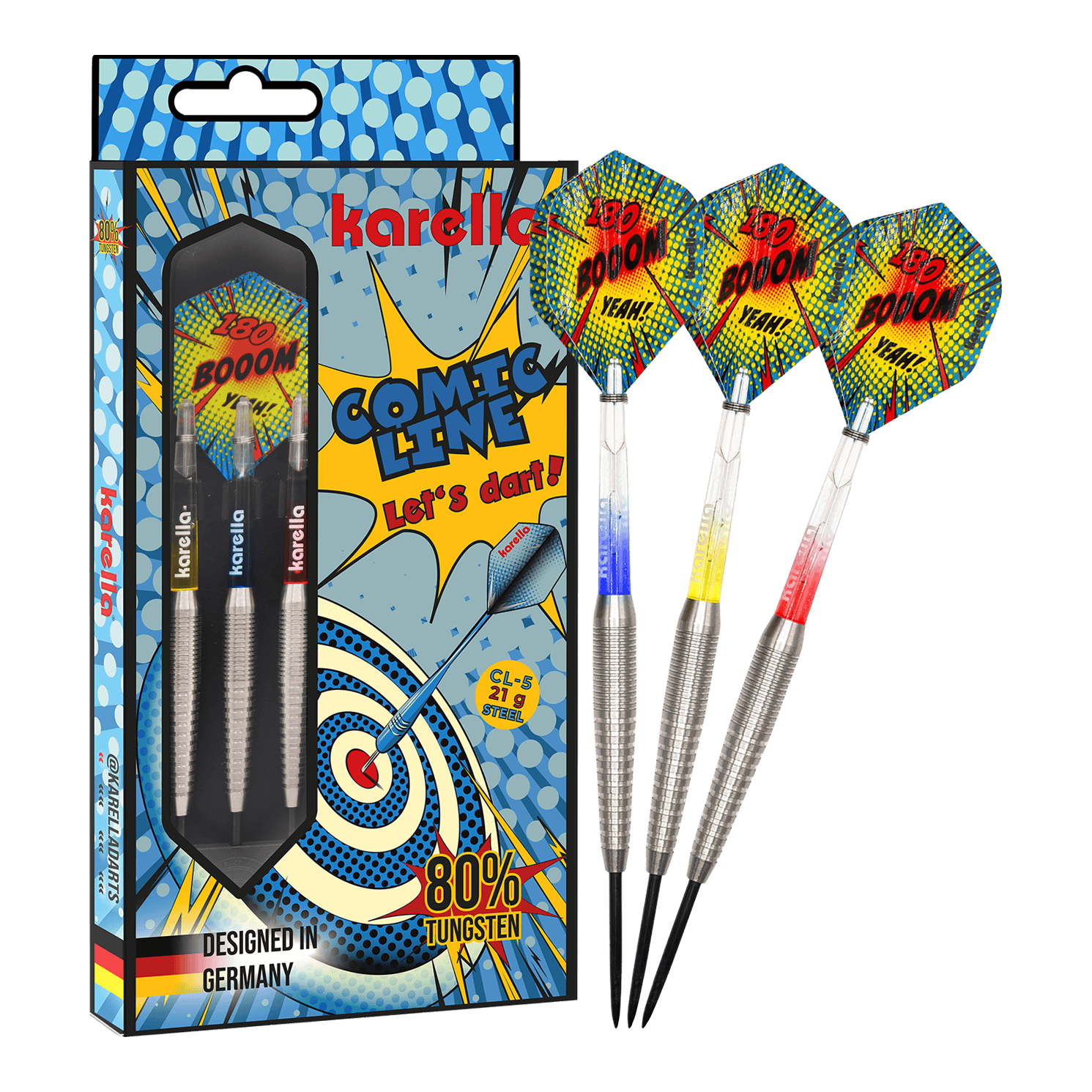 Fléchettes en acier Karella Comic Line CL-5 - 21 g Das Bild zeigt die Karella Comic Line CL-5 Steeldarts - 21g. Es handelt sich um ein Set moderner Steeldarts mit auffälligem Design.