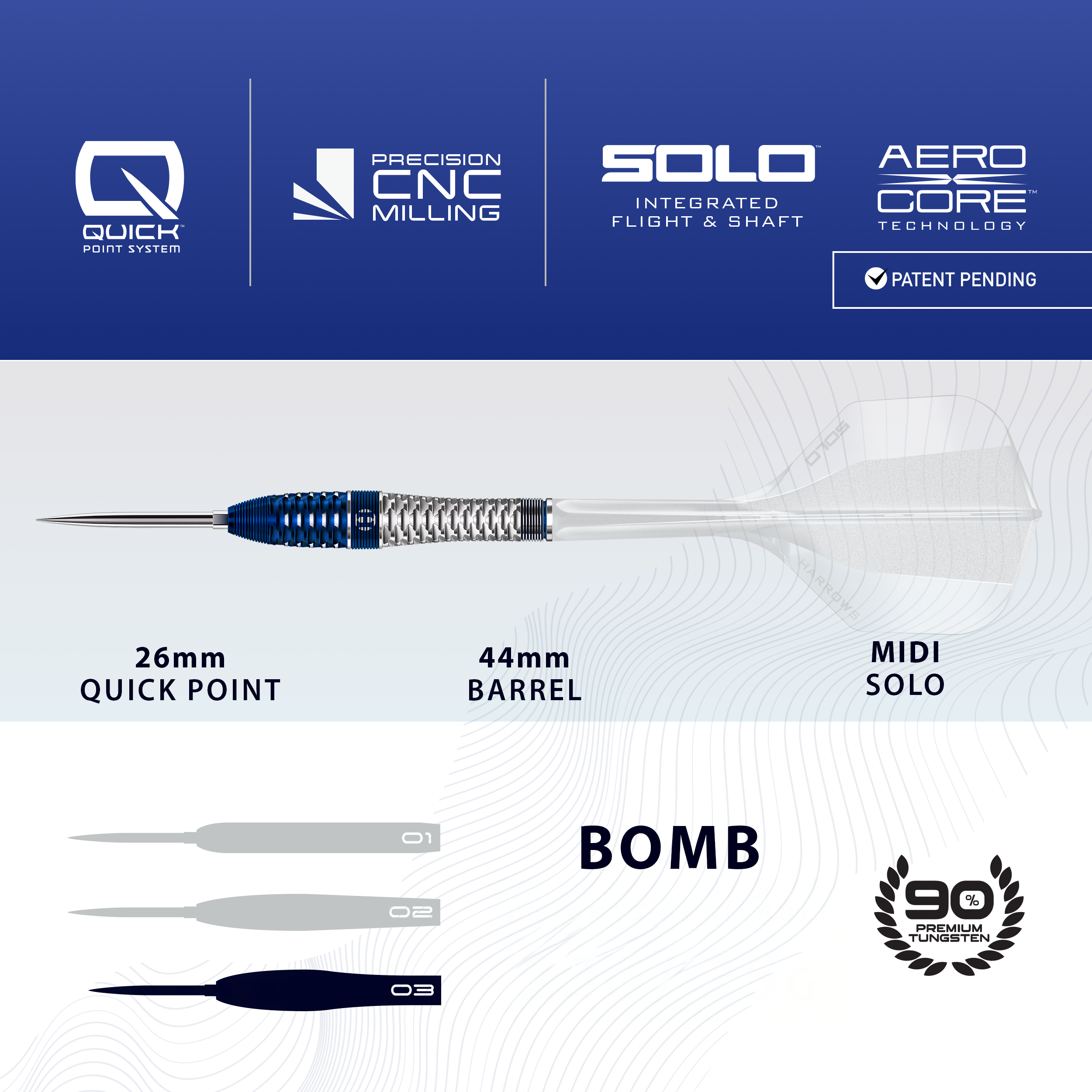Fléchettes en acier Harrows GEO Bomb Quick Point Harrows GEO Bomb Quick Point Steeldarts werden dargestellt. Das Bild zeigt Design und Details dieses Dartprodukts.