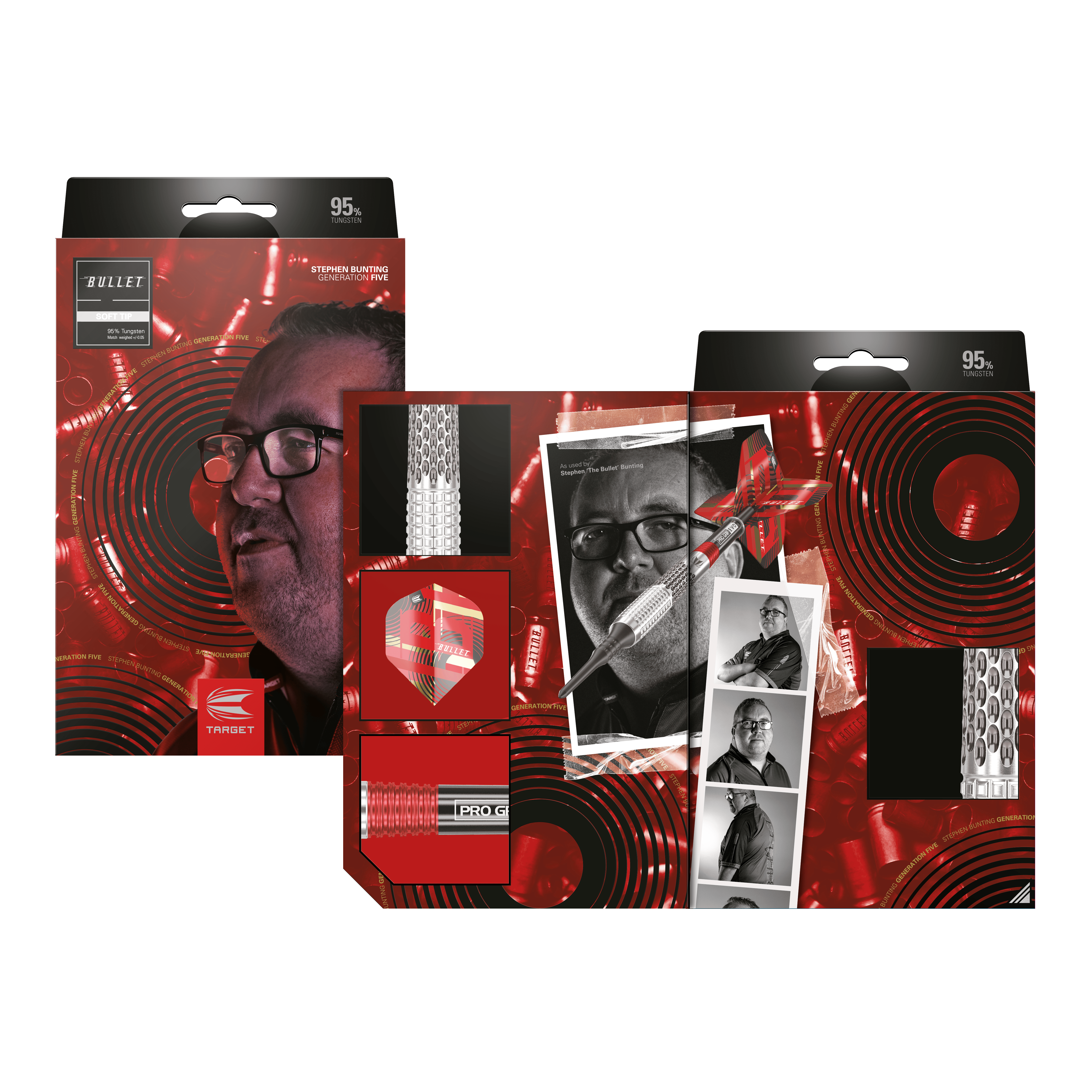 Fléchettes souples Target Stephen Bunting GEN5 - 18 g Auf dem Bild ist die Verpackung der "Target Stephen Bunting GEN5 Softdarts - 18g" zu sehen. Die Verpackung zeigt ein Porträt von Stephen Bunting und mehrere Produktdetails vor einem roten, auffälligen Hintergrund.