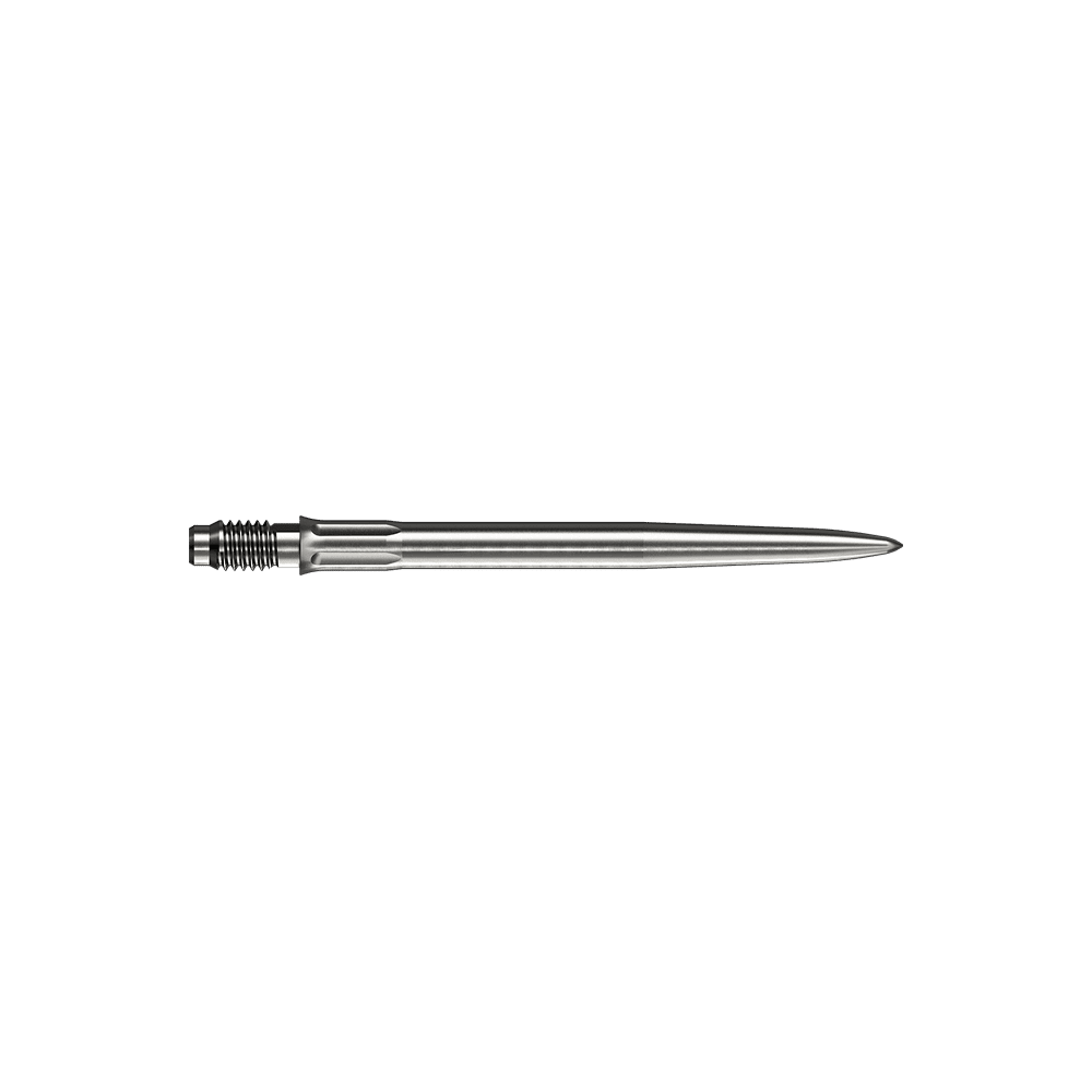 Pointes de fléchettes Mission R2.5 Rapid Point SM1 - Argent Mehrere silberne Dartspitzen sind dargestellt. Es handelt sich um Mission R25 Rapid Point SM1 Dartspitzen mit 30mm Länge.