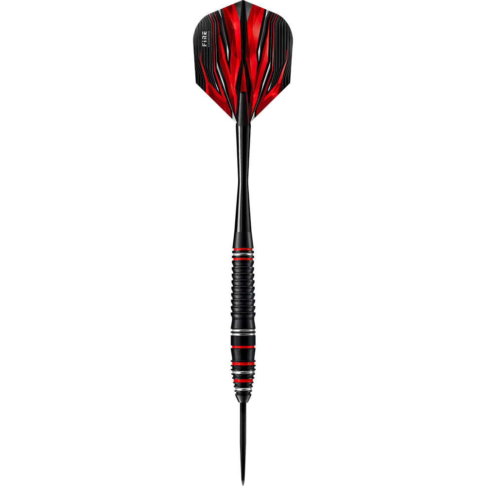 HA28825_Harrows_Fire_High_Grade_Alloy_Steeldarts_1lMWoNqs4Qb8ck Auf dem Bild ist der Harrows Fire High Grade Alloy Steeldart zu sehen. Der Dartpfeil hat ein auffälliges Design in Schwarz und Rot.
