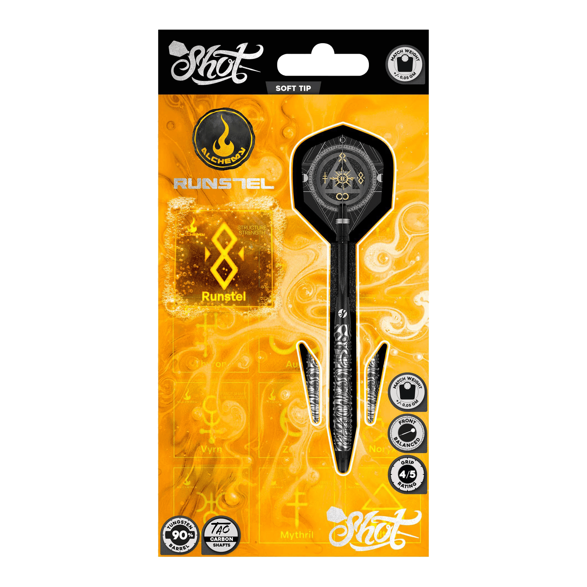 Fléchettes souples Shot Alchemy Runstel - 20 g Das Foto zeigt die 20g Shot Alchemy Runstel Softdarts. Die Darts sind ideal für Spieler, die Wert auf Qualität legen.