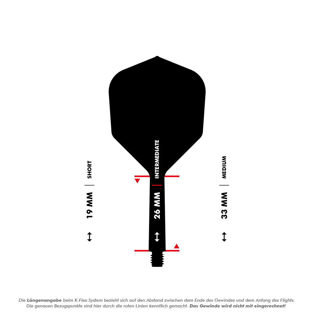 Système d'arbre de vol standard Target Japan K-Flex Hot Shot No2 Das Bild zeigt eine Dart-Flightschafte mit Längenangaben in Millimetern. Es werden die drei Längen "Short" (19 mm), "Intermediate" (26 mm) und "Medium" (33 mm) dargestellt.