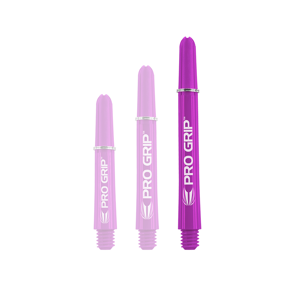 Tiges Target Pro Grip - 3 jeux - Violet Das Bild zeigt drei lilafarbene PRO GRIP Dartschäfte in unterschiedlichen Längen. Sie sind nebeneinander angeordnet und haben jeweils weiße Schrift und Markierungen.