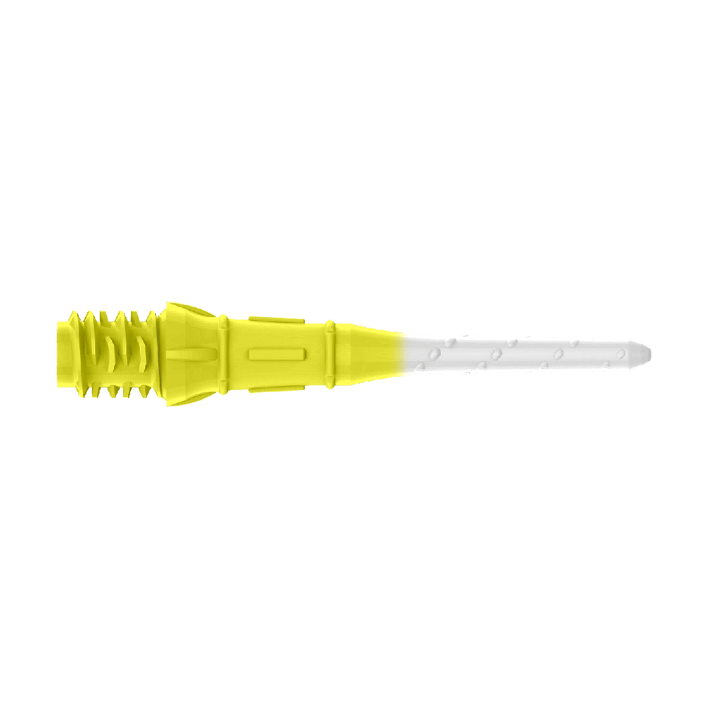 L-Style Premium Bicolore Lippoints (Paquet de 30) Das Bild zeigt eine zweifarbige Dartspitze mit gelbem und weißem Bereich. Der hintere Teil ist gelb, während die Spitze weiß ist.