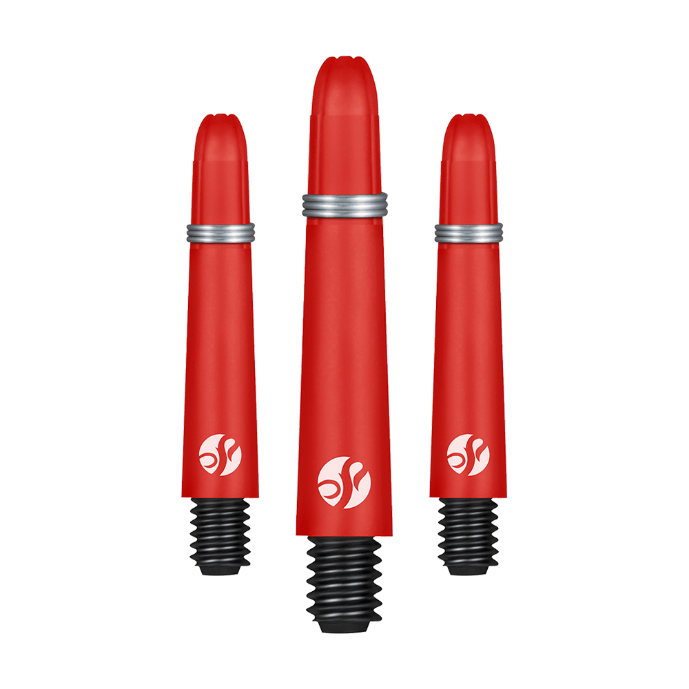 Tiges en carbone Shot Koi - Rouge Das Bild zeigt drei rote Dartshafts mit silbernen Ringen und schwarzem Gewinde. Sie sind in verschiedenen Längen angeordnet und haben ein weißes Logo aufgedruckt.