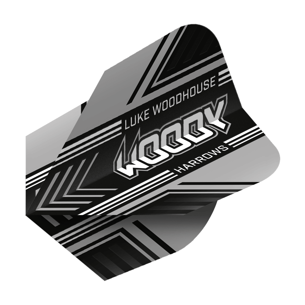 Harrows Prime Luke Woodhouse Woody No6 Vols Auf dem Bild ist ein schwarzer Dartflight mit weißen und grauen Mustern zu sehen. Der Flight trägt die Aufschrift "Luke Woodhouse WOODY Harrows".