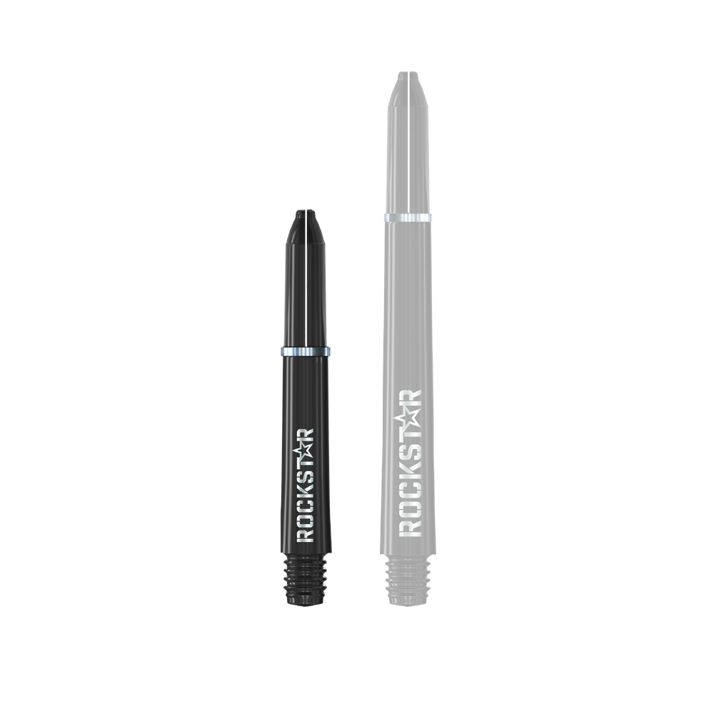 Manche en nylon Winmau Joe Cullen Rockstar Noir Das Bild zeigt zwei schwarze Dartschäfte mit der Aufschrift "ROCKSTAR". Die Schäfte sind unterschiedlich lang und haben silberne Ringe.