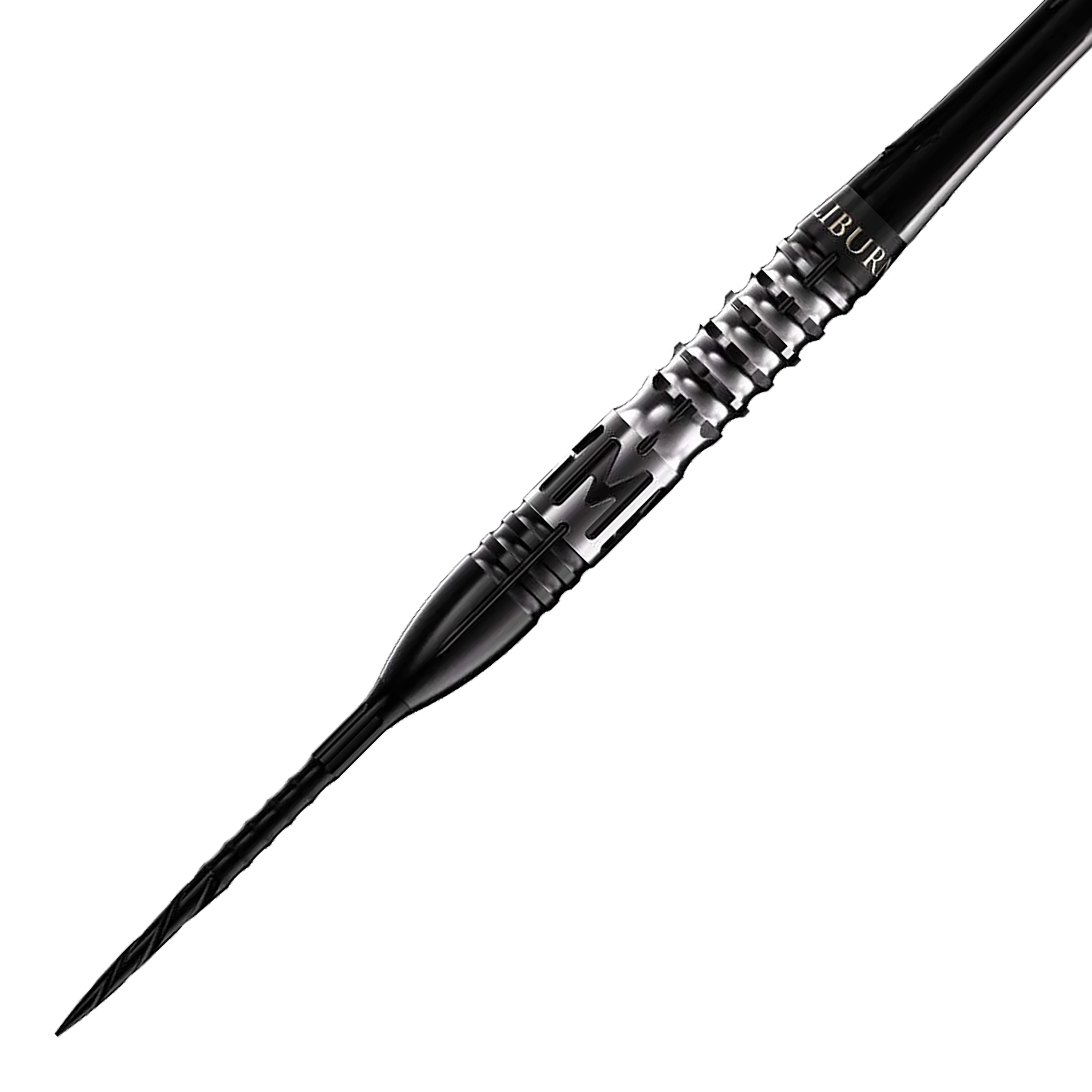 Fléchettes en acier Caliburn Player MAK Das Bild zeigt einen Caliburn Player MAK Steeldart mit einem Gewicht von 23,5g. Der Dart ist schwarz-silber und hat ein modernes, geriffeltes Griffdesign.