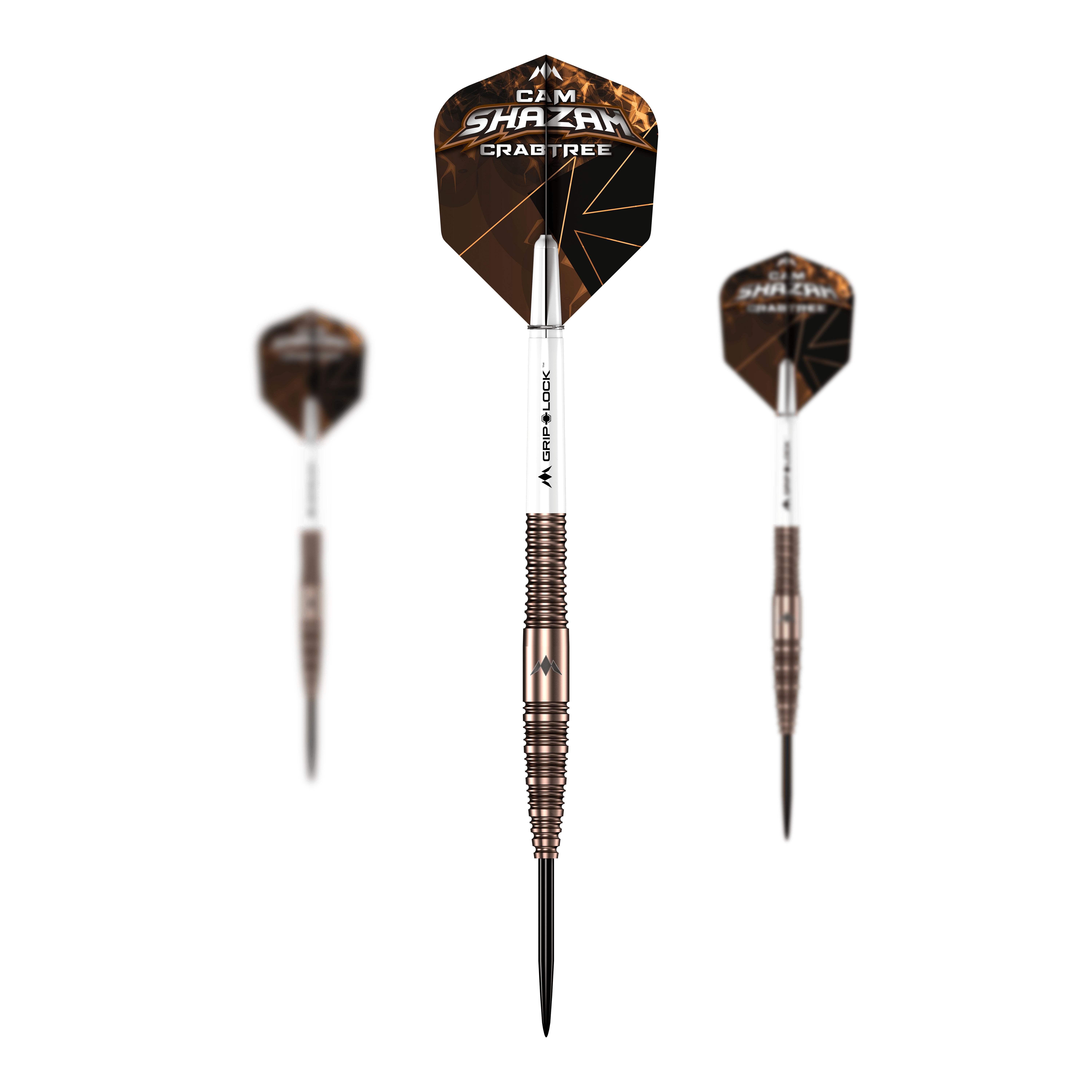 Fléchettes Mission Cam Crabtree V2 en acier tungstène à 95 % Das Bild präsentiert ein Set der Mission Cam Crabtree V2 Steeldarts. Mehrere Dartpfeile werden gemeinsam gezeigt.