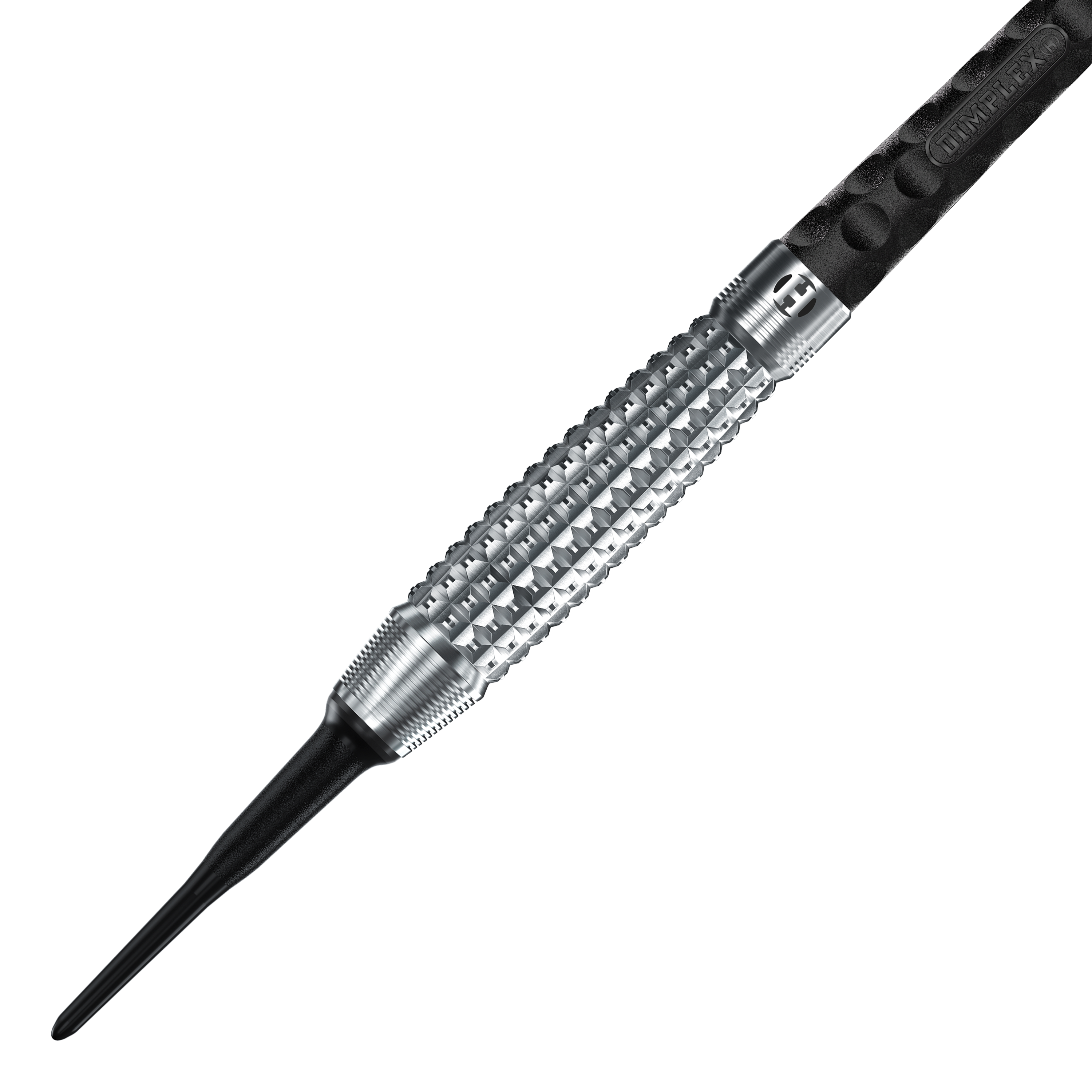 Fléchettes souples Harrows Dimplex S3 Bomb Das Bild zeigt einen Harrows Dimplex S3 Bomb Softdart. Der Dartpfeil hat eine silberne, strukturierte Griffzone und eine schwarze Kunststoffspitze.