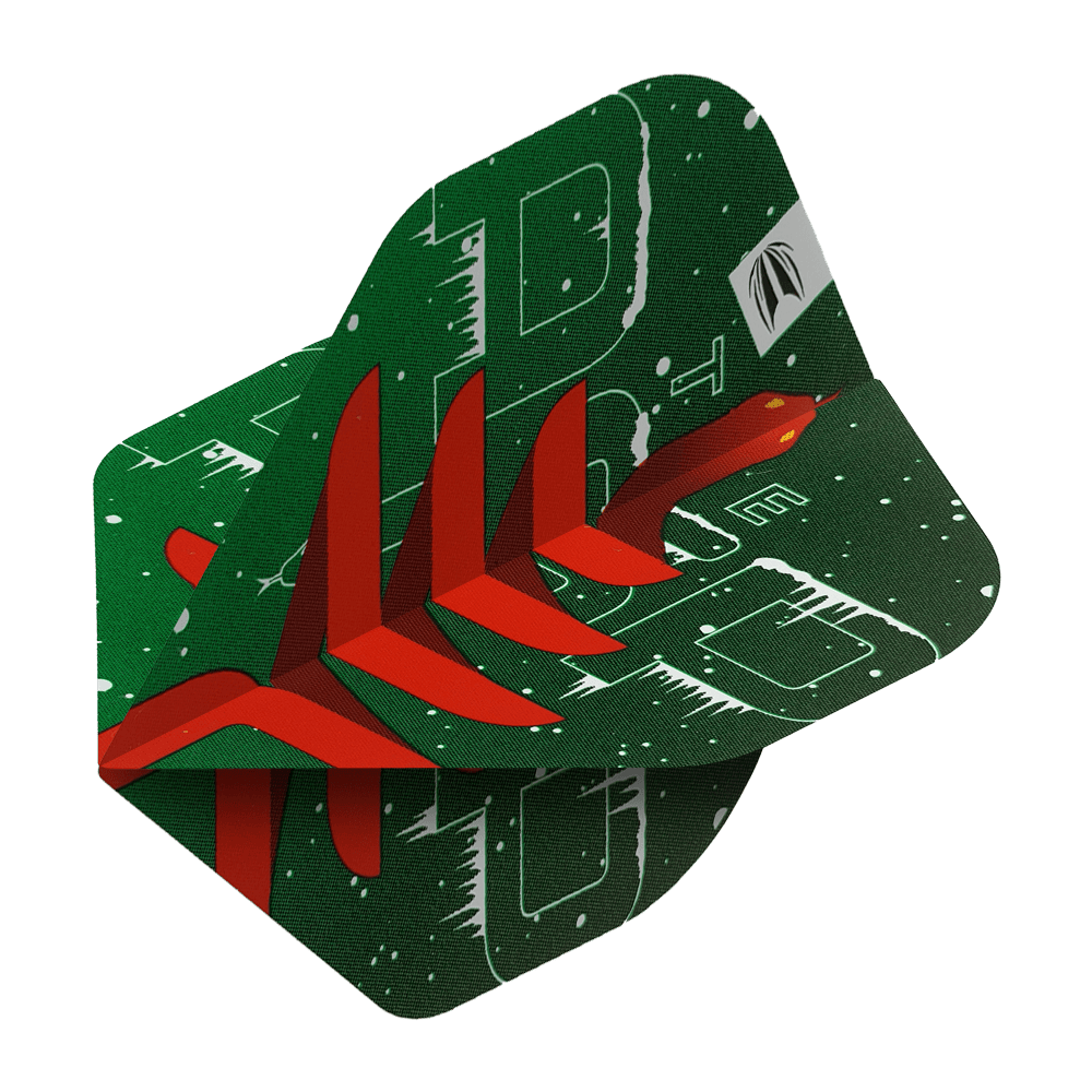 WF-2_Target_Merry_Christmas_Flights_Nathan_Aspinall_2 Das Bild zeigt das Produkt "Target Merry Christmas Flights Nathan Aspinall". Das Flight ist grün mit weihnachtlichen Mustern und einem roten Pfeildesign gestaltet.