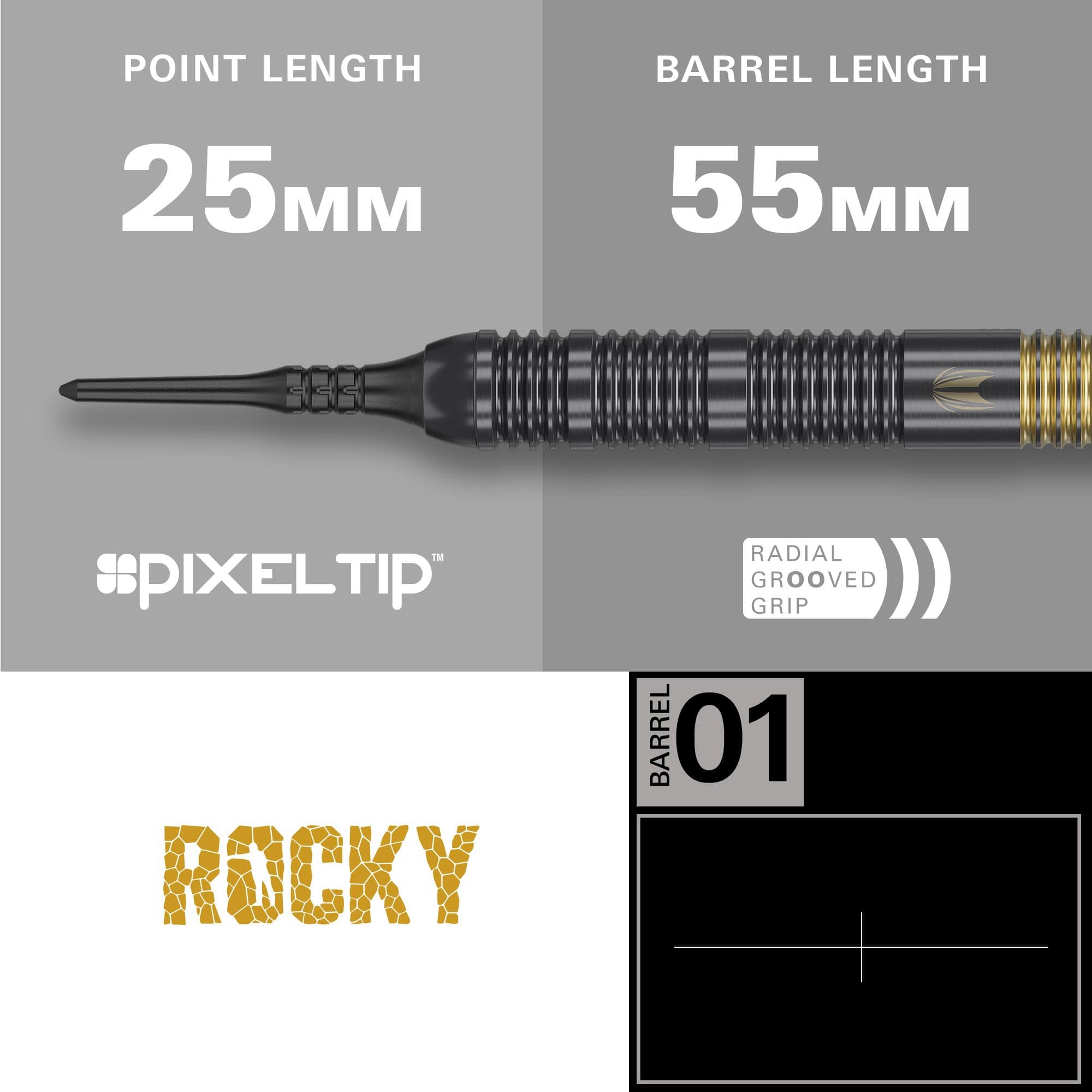 Fléchettes souples en laiton Target Josh Rock - 18 g Das Bild zeigt den Target Josh Rock Brass Softdart mit einer Spitzenlänge von 25 mm und einer Barrellänge von 55 mm. Der Dart hat eine Pixelspitze und einen radialen Rillengriff.
