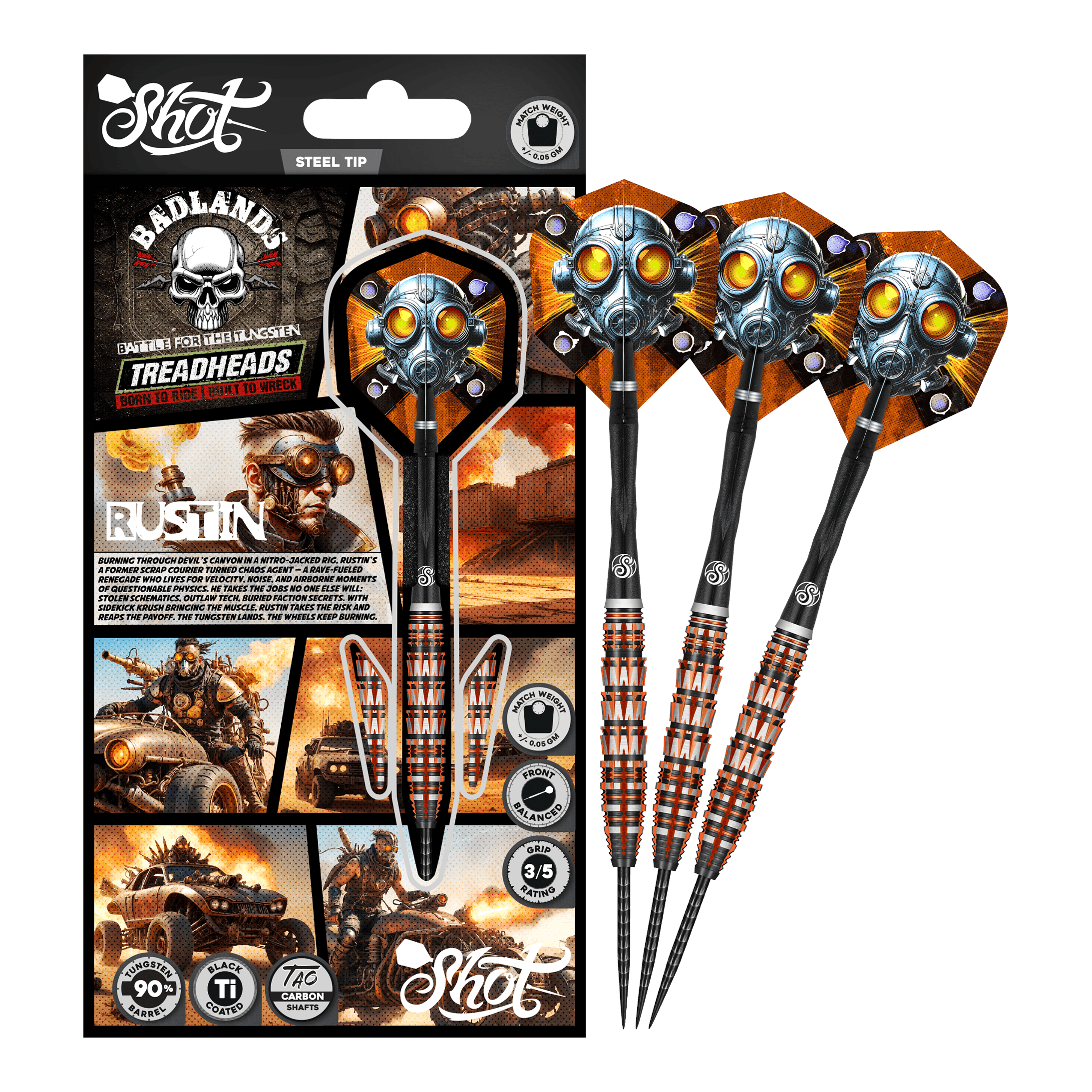 Fléchettes en acier Shot Badlands Rustin - 23 g Das Bild präsentiert den Shot Badlands Rustin Steeldarts - 23g. Der komplette Dartpfeil ist abgebildet.