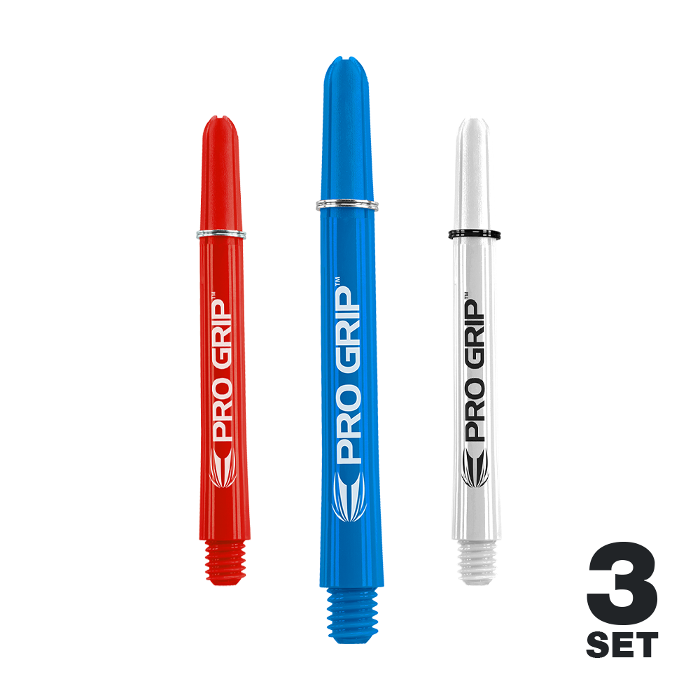 Tiges Target Pro Grip - 3 jeux - Rouge Bleu Blanc Auf dem Bild sind drei Dart-Schäfte in den Farben Rot, Blau und Weiß zu sehen. Sie tragen die Aufschrift "PRO GRIP" und sind als 3er-Set dargestellt.