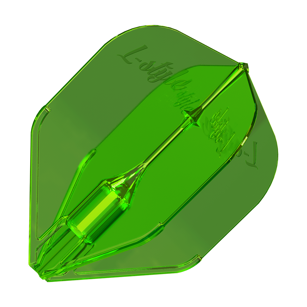 Ailettes L-Style Fantom L3EZ Vert Das Bild zeigt ein grünes L-Style Fantom L3EZ Dart-Flight. Es hat eine glänzende, transparente Oberfläche und eine stabile Form.