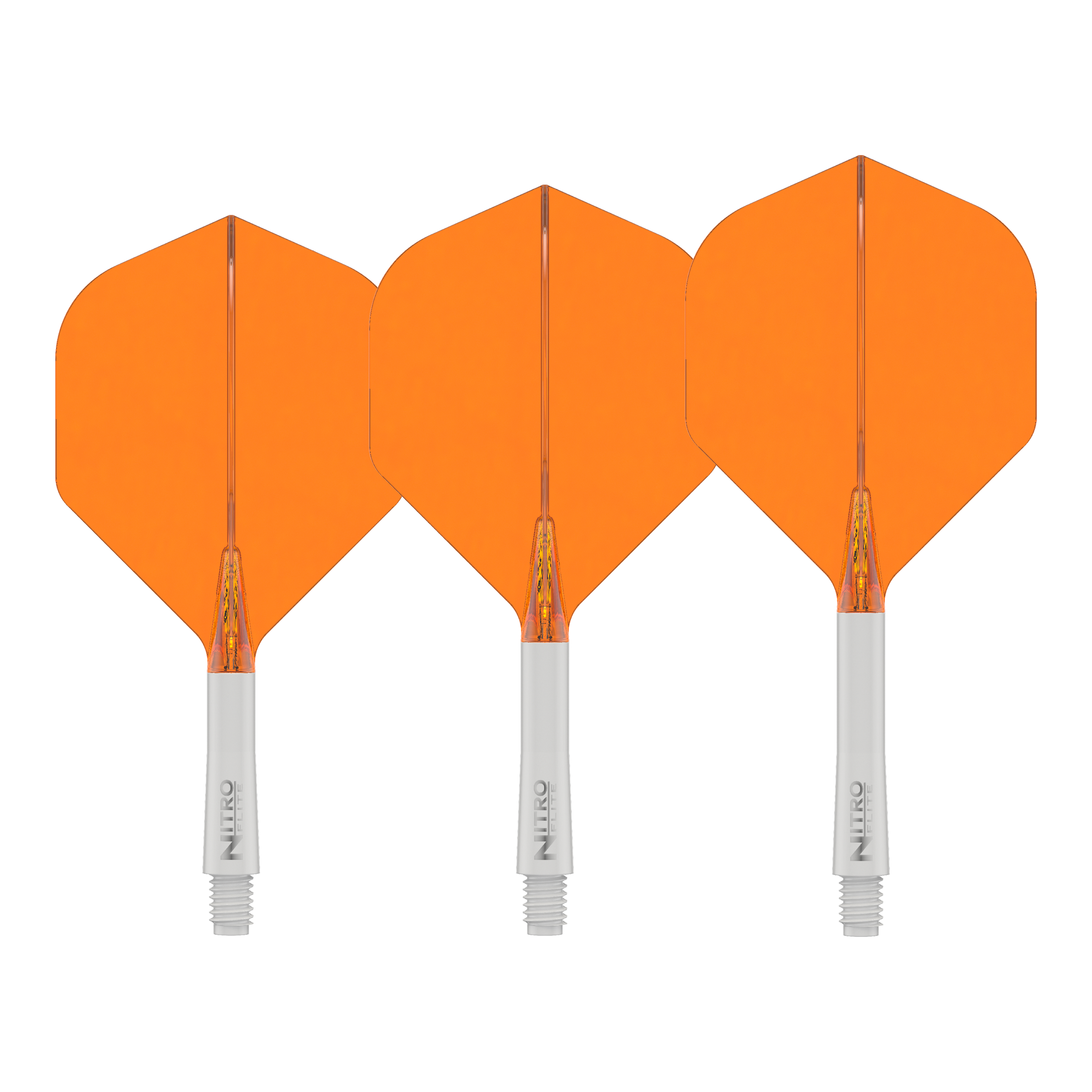 Ailettes Red Dragon Nitroflite à tige blanche et ailettes orange n° 2 Das Bild zeigt das Produkt Red Dragon Nitroflite White Shaft Orange Flights No2. Es handelt sich um einen weißen Dart-Schaft mit orangefarbenen Flights.