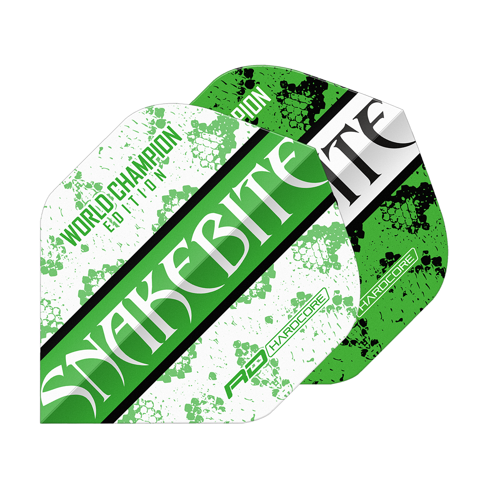 Dragon Rouge Peter Wright Morsure de Serpent Vert Blanc Yin Yang Vols Standard Das Bild zeigt zwei Dart-Flights in grün-weißem Design mit der Aufschrift "SNAKEBITE". Auf einem Flight steht zusätzlich "WORLD CHAMPION EDITION" und beide haben ein Schlangenhaut-Muster.