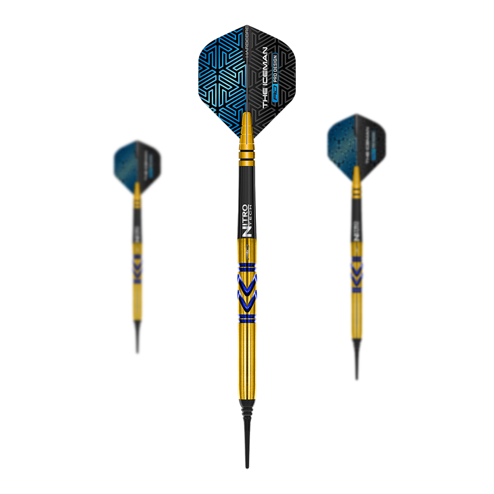 Fléchettes souples Red Dragon Gerwyn Price Avalanche Gold - 20 g Das Bild zeigt die "Red Dragon Gerwyn Price Avalanche Gold Softdarts - 20g". Die Darts haben einen goldenen Schaft mit blauen Akzenten und schwarze Flights mit blauem Muster.