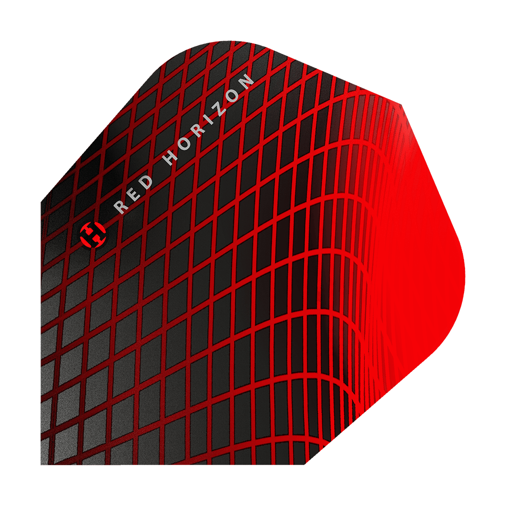 HR69_Harrows_Prime_Red_Horizon_No6_Flights_1Ib8zjFOVkw42U Das Bild zeigt die Harrows Prime Red Horizon No6 Flights. Das Design ist schwarz mit einem auffälligen roten Gittermuster und dem Schriftzug "RED HORIZON".