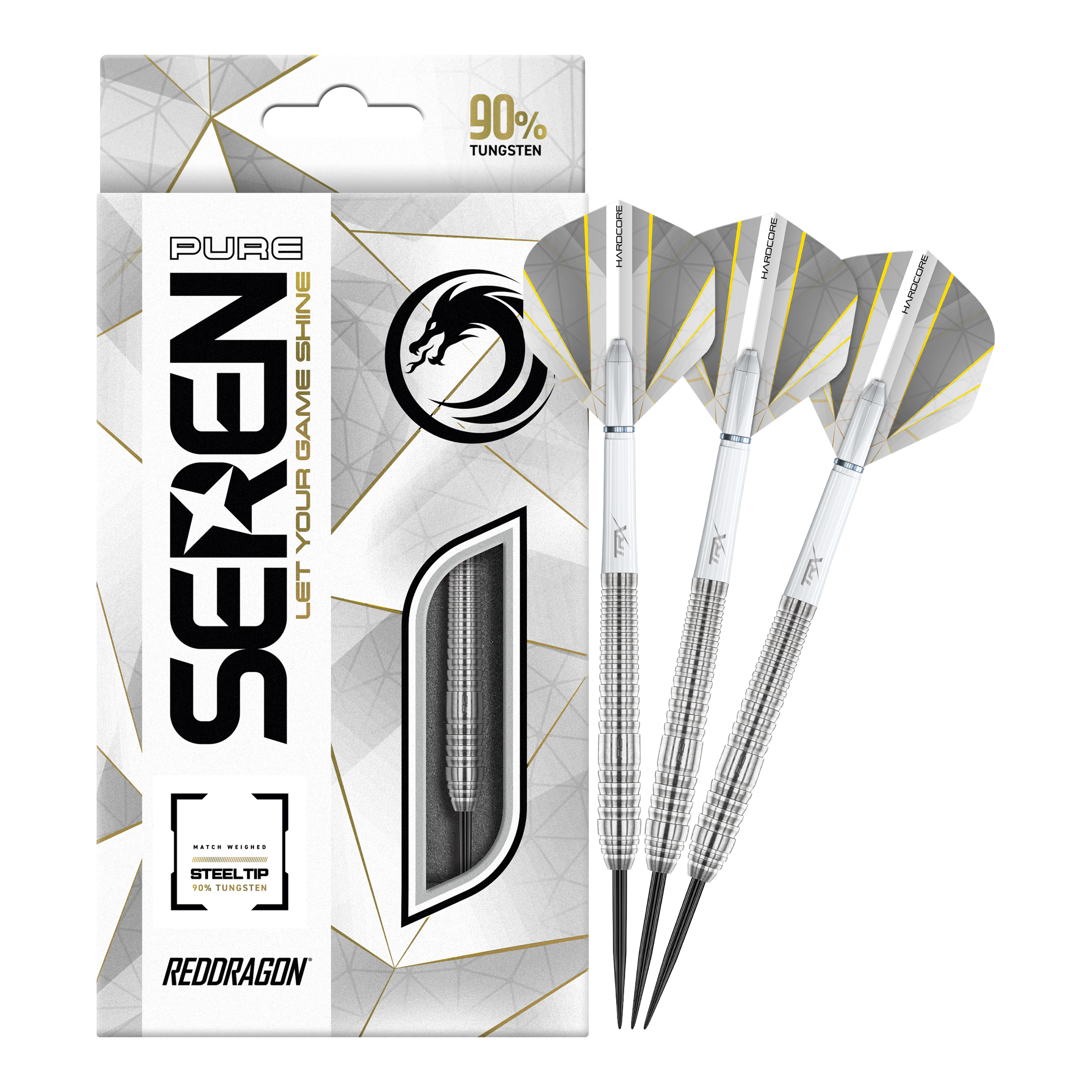 Dragon Rouge Seren 2 Pure Steeldarts Das Bild zeigt das Produkt "Red Dragon Seren 2 Pure Steeldarts" mit einer eleganten Verpackung. Neben der Packung sind drei silberne Steeldarts abgebildet.
