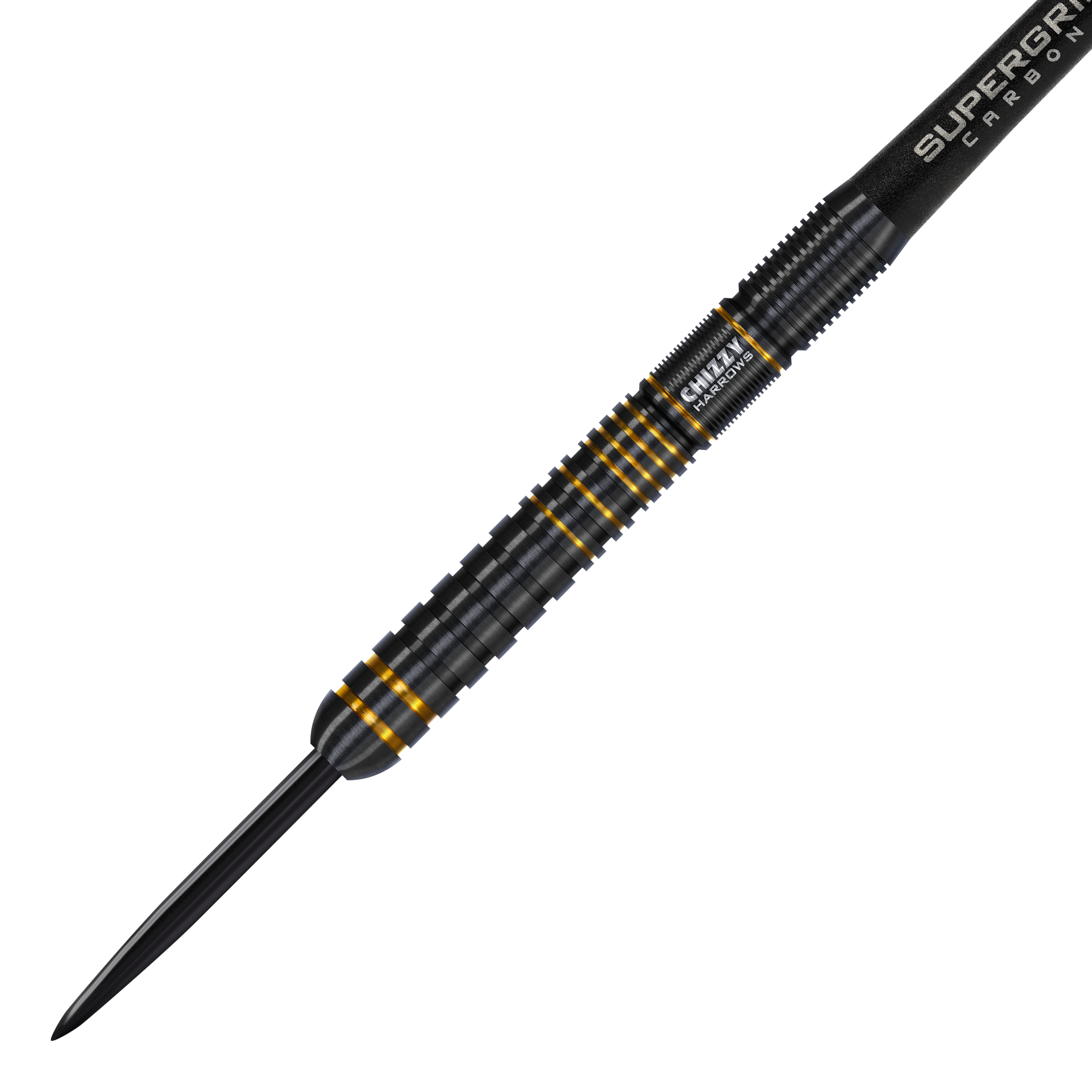 Fléchettes en acier Dave Chisnall Chizzy Series 3 de Harrow Das Bild zeigt den Harrows Dave Chisnall Chizzy Series 3 Steeldart. Der Dart ist schwarz mit goldenen Akzenten und hat eine geriffelte Oberfläche für besseren Halt.