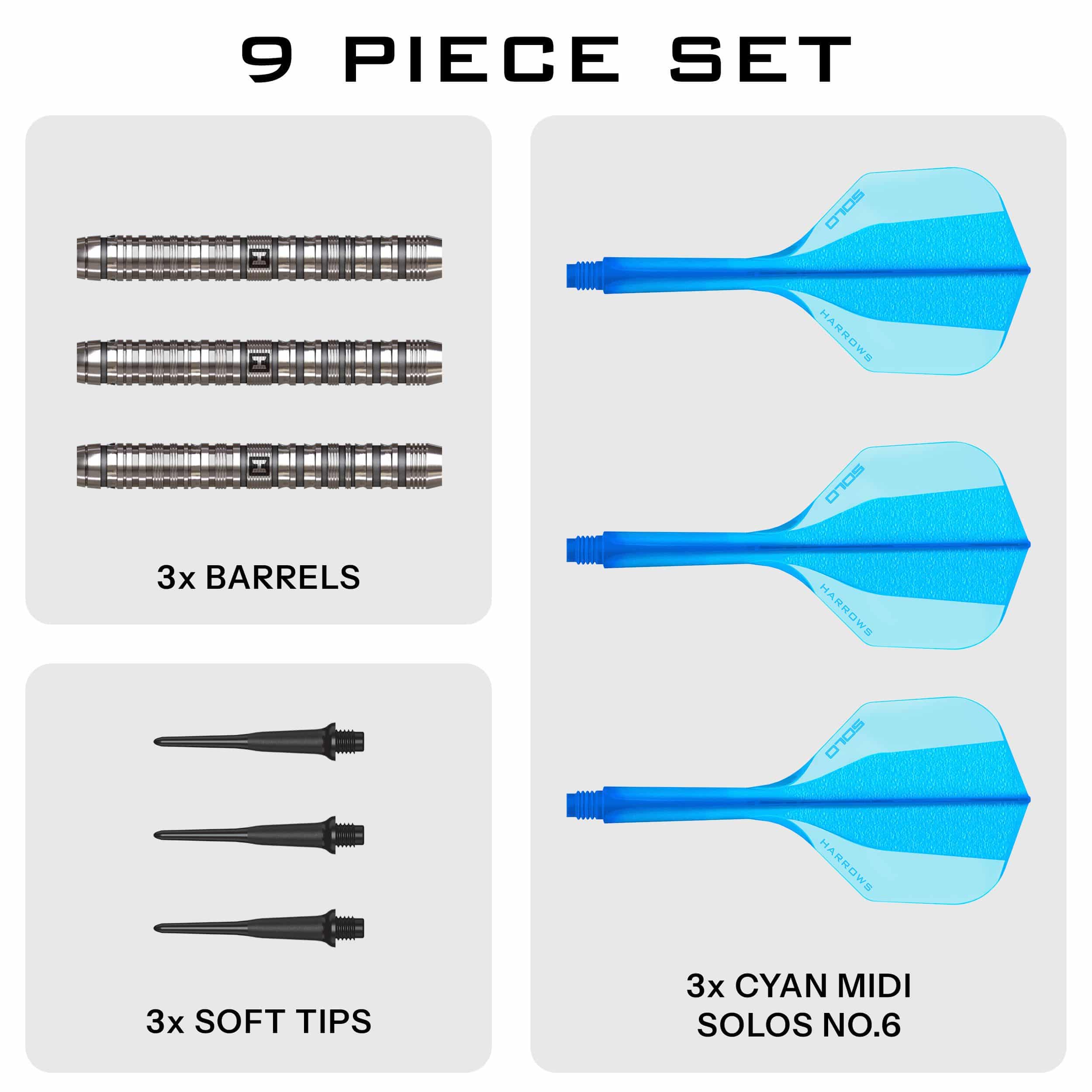 Harrows Flux Softdarts mit 20g sind abgebildet. Die Darts sind hell und haben präzise Gravuren.