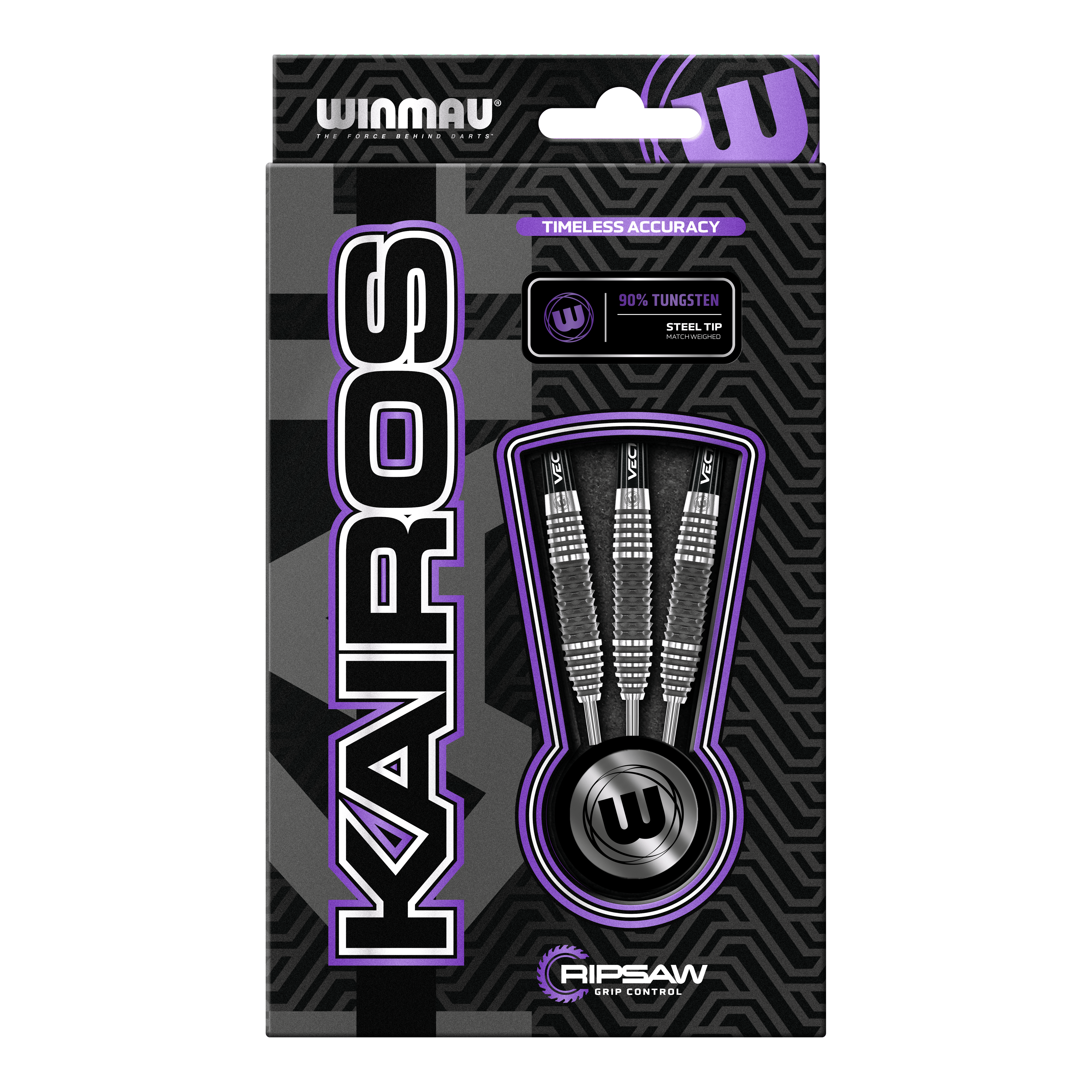 Fléchettes en acier Winmau Kairos 01 Die Abbildung zeigt die Verpackung der "Winmau Kairos 01 Steeldarts". In der Verpackung sind drei hochwertige Steeldarts mit 90% Tungsten-Anteil zu sehen.