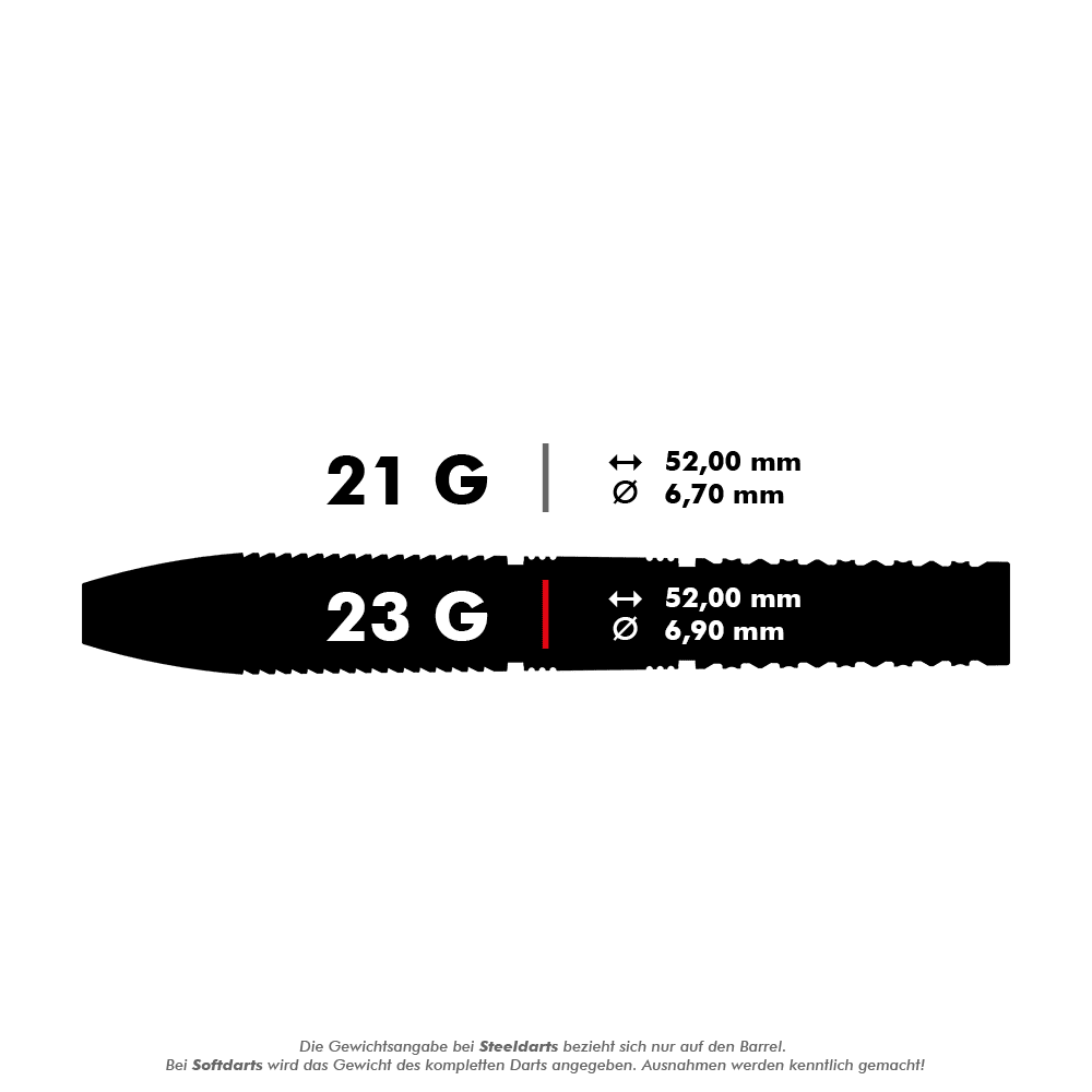Fléchettes en acier Target Gabriel Clemens GEN2 Swiss Point Das Bild zeigt die Spezifikationen von zwei Steeldarts mit 21 Gramm und 23 Gramm Gewicht. Beide Darts sind 52,00 mm lang, aber der Durchmesser beträgt 6,70 mm bzw. 6,90 mm.