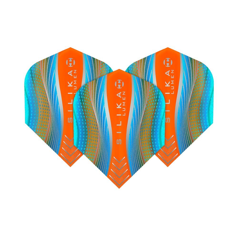 Das Bild zeigt drei Dart-Flights des Modells „Harrows Silika Lumen Cyan Orange No6“. Die Flights sind in auffälligen Farben mit orangefarbenen, blauen und goldenen Mustern gestaltet.