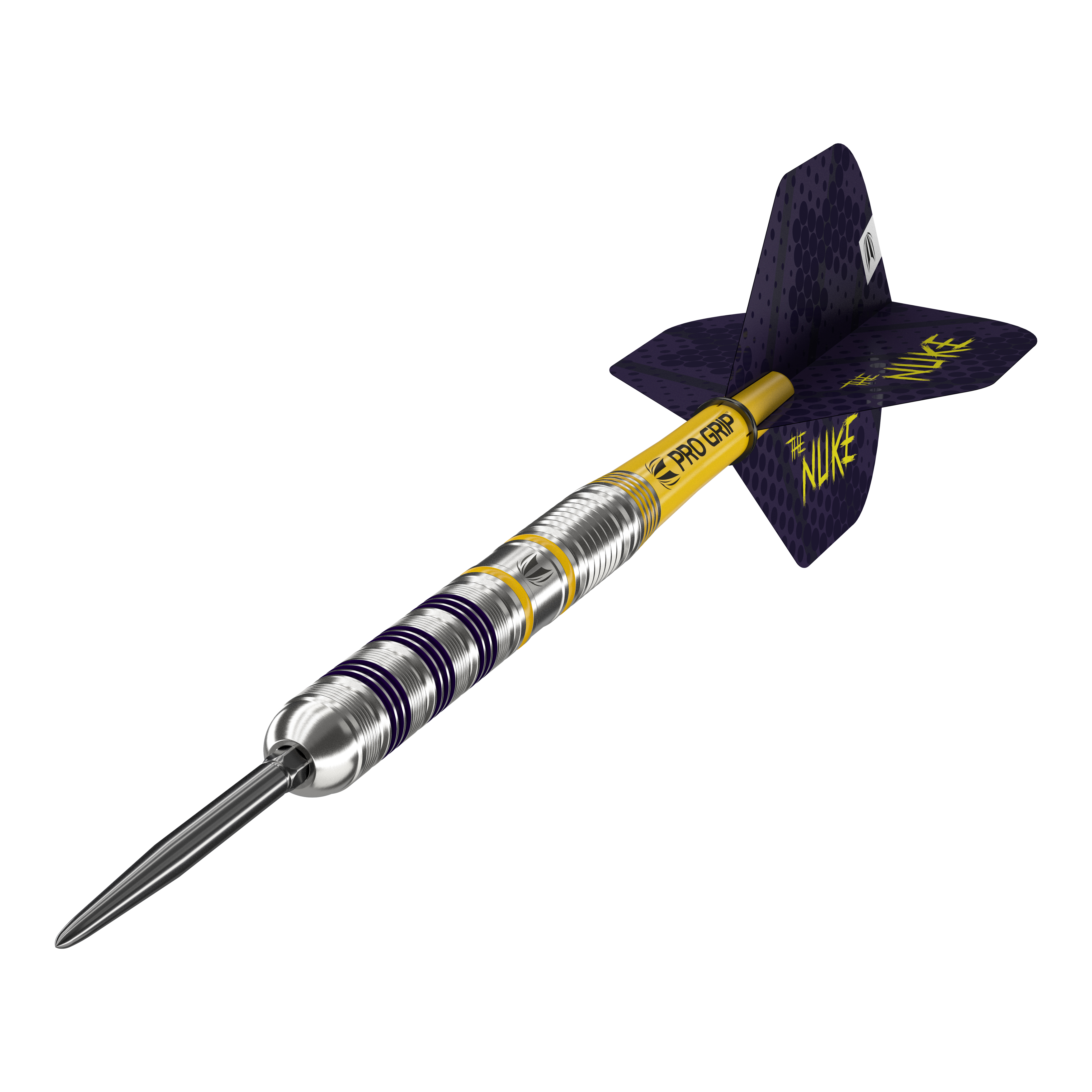 Fléchettes en acier Swiss Point Target Luke Littler Loadout Der Bild zeigt einen Target Luke Littler Loadout Swiss Point Steeldart. Der Dartpfeil hat ein silbernes Barrel mit gelben und lila Akzenten sowie einem gelben Schaft und lila Flight, auf dem "The Nuke" steht.