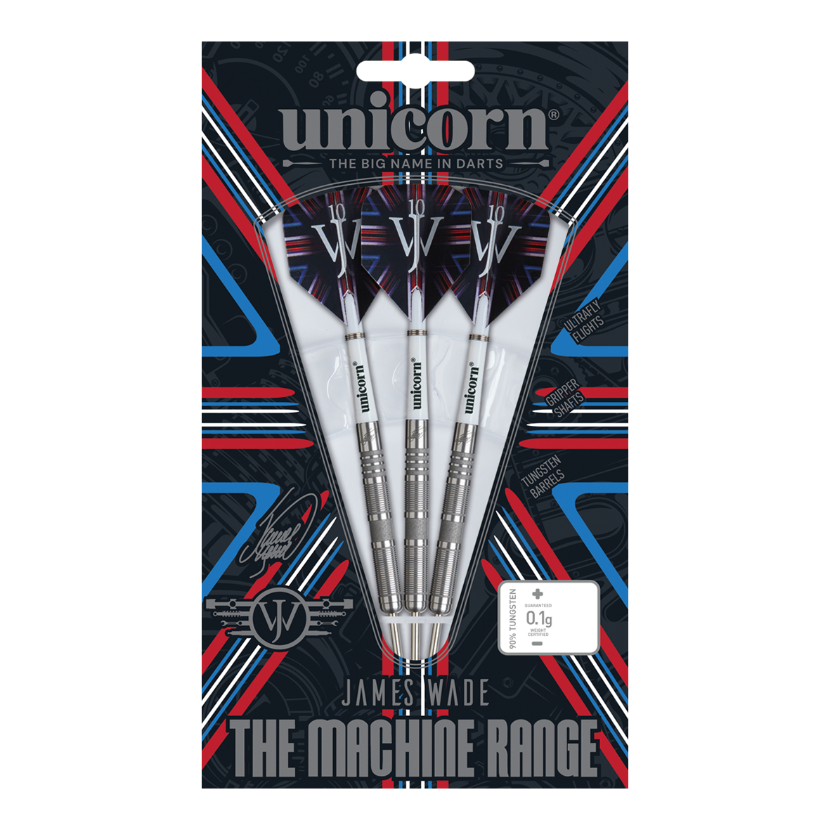 Fléchettes en acier Unicorn James Wade The Machine Range Phase 4 Das Bild zeigt eine Packung Steeldarts der Marke "Unicorn" aus der James Wade The Machine Range Phase 4. Die drei silbernen Darts sind in einer auffällig gestalteten Verpackung mit roten, blauen und weißen Akzenten präsentiert.