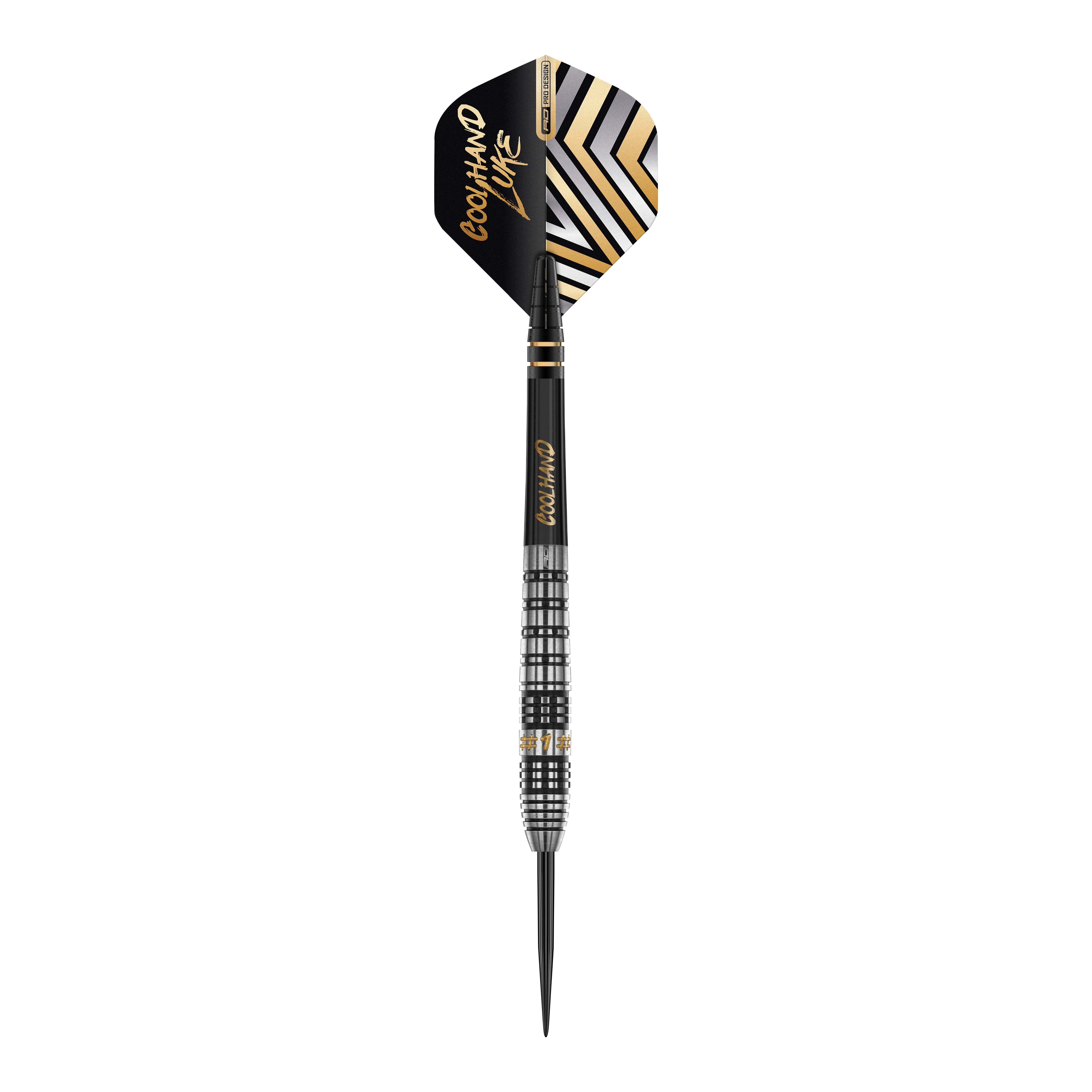 Fléchettes en acier Red Dragon Luke Humphries Prestige Dies ist ein 'Red Dragon Luke Humphries Prestige Steeldart'. Der Dart hat ein schwarz-silbernes Design mit goldenen Akzenten und auffälligen Mustern auf dem Flight.