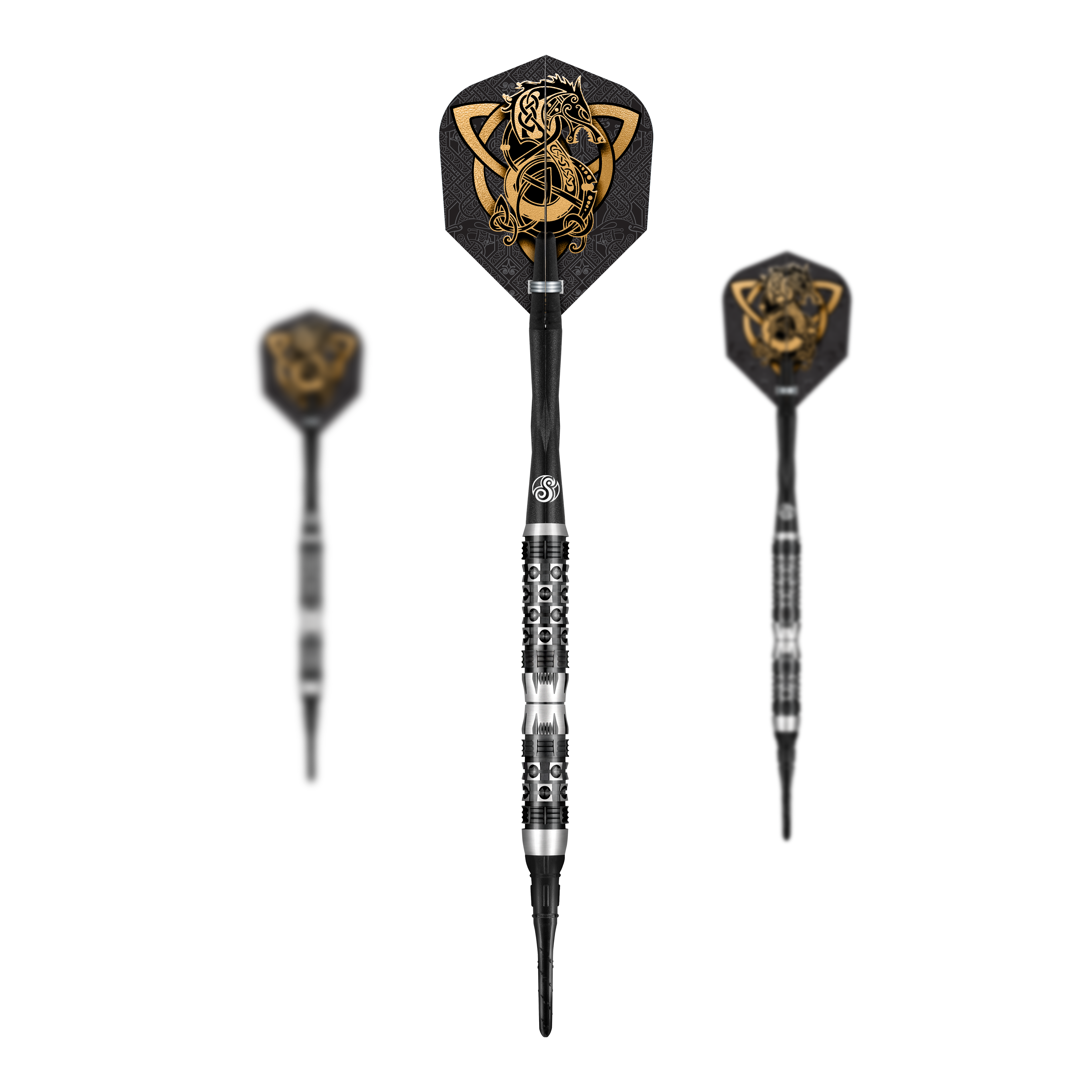 Fléchettes souples Shot Viking Wolf - 20 g Das Bild zeigt das Produkt "Shot Viking Wolf Softdarts - 20g". In der Mitte ist ein detaillierter Softdart mit nordischem Wolf-Design in Gold und Schwarz zu sehen.