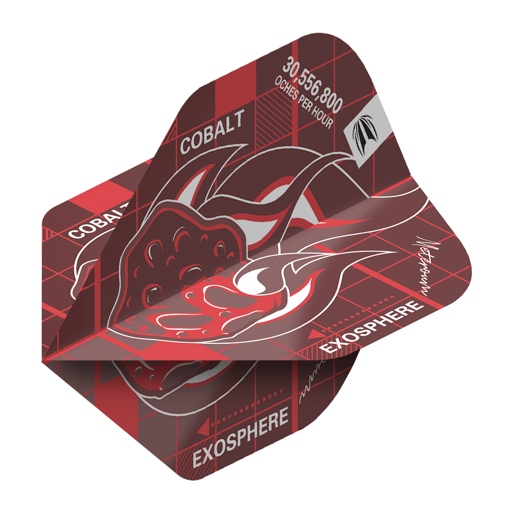 TG24_336090_Target_Blueprint_Pro_Red_No2_Standard__Flights_2 Das Bild zeigt die Target Blueprint Pro Red No2 Standard Flights mit einem roten und schwarzen Grafikdesign. Auf den Flights sind die Wörter "COBALT" und "EXOSPHERE" sowie eine dynamische Illustration abgebildet.