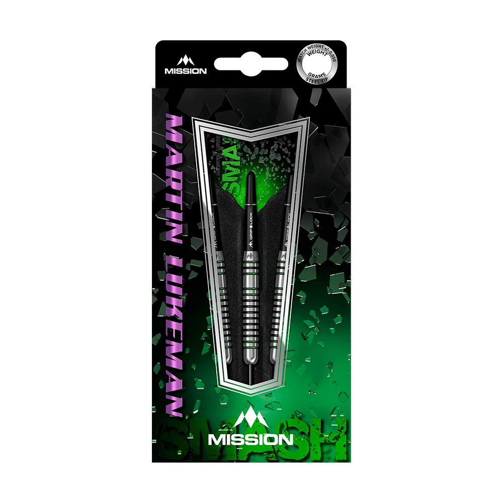 M001006_Mission_Martin_Lukeman_Smash_Steeldarts_3 Auf dem Bild ist die Verpackung der "Mission Martin Lukeman Smash Steeldarts - 23g" zu sehen. Die Darts sind in einer auffälligen, grün-schwarzen Verpackung mit dem Namen des Produkts und des Spielers abgebildet.