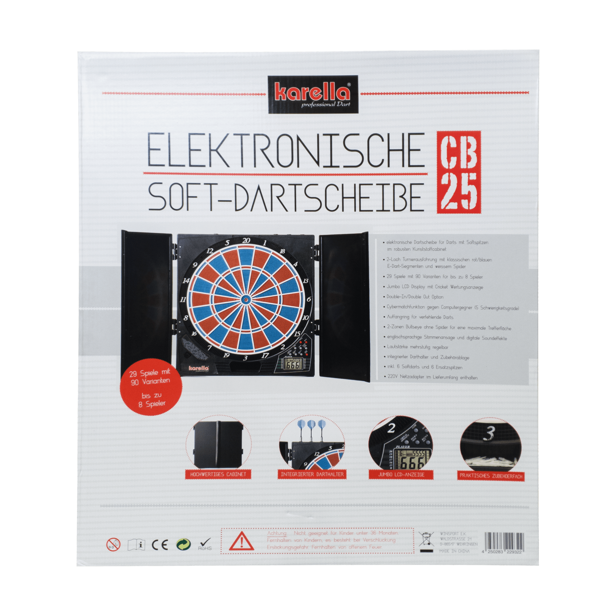 Jeu de fléchettes électronique CB 25 version tournoi Die Abbildung zeigt die Verpackung der elektronischen Soft-Dartscheibe CB 25 von Karella. Auf der Vorderseite sind Produktmerkmale und Bilder der Dartscheibe mit Zubehör abgebildet.