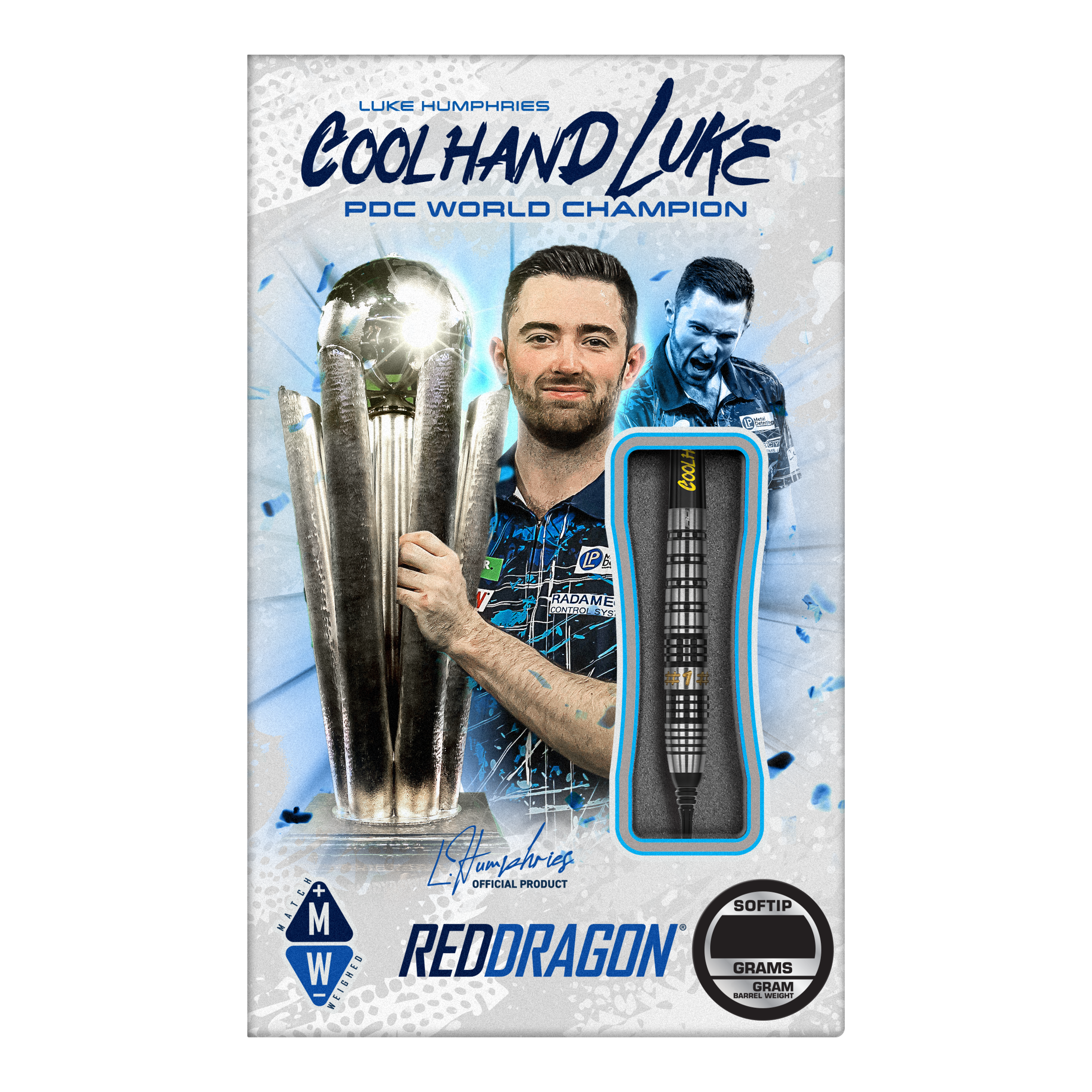 Fléchettes souples Red Dragon Luke Humphries Prestige - 20 g Das Bild zeigt die Verpackung der "Red Dragon Luke Humphries Prestige Softdarts - 20g". Auf der Verpackung ist ein Foto von Luke Humphries mit einem Pokal zu sehen, sowie ein einzelner Dartpfeil als Produktabbildung.