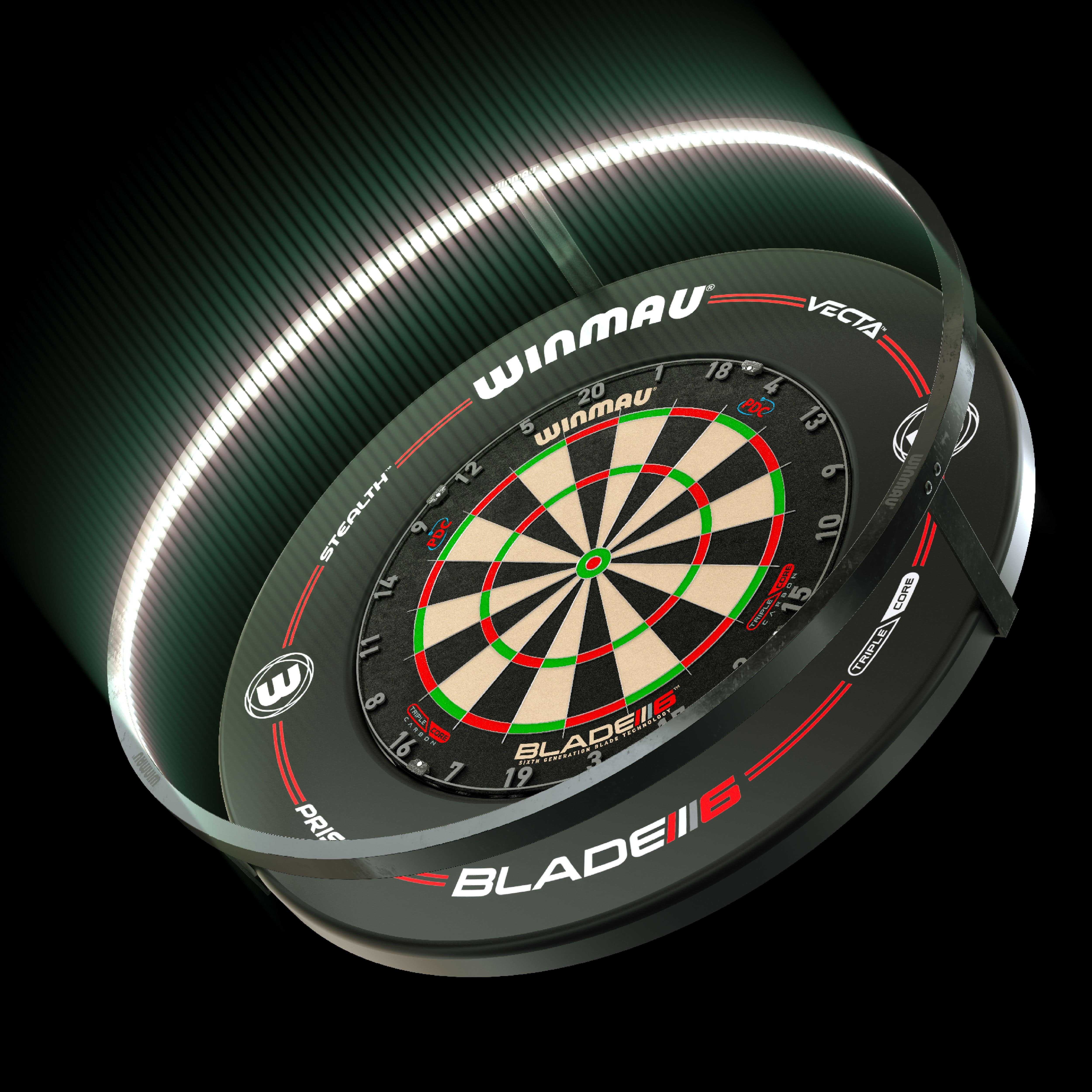 ENSEMBLE Winmau Plasma LED éclairage et surround Das Bild zeigt das Winmau Plasma LED Beleuchtung und Surround Bundle mit einer beleuchteten Dartscheibe. Die LED-Leiste sorgt für optimale Ausleuchtung und ein modernes Design.