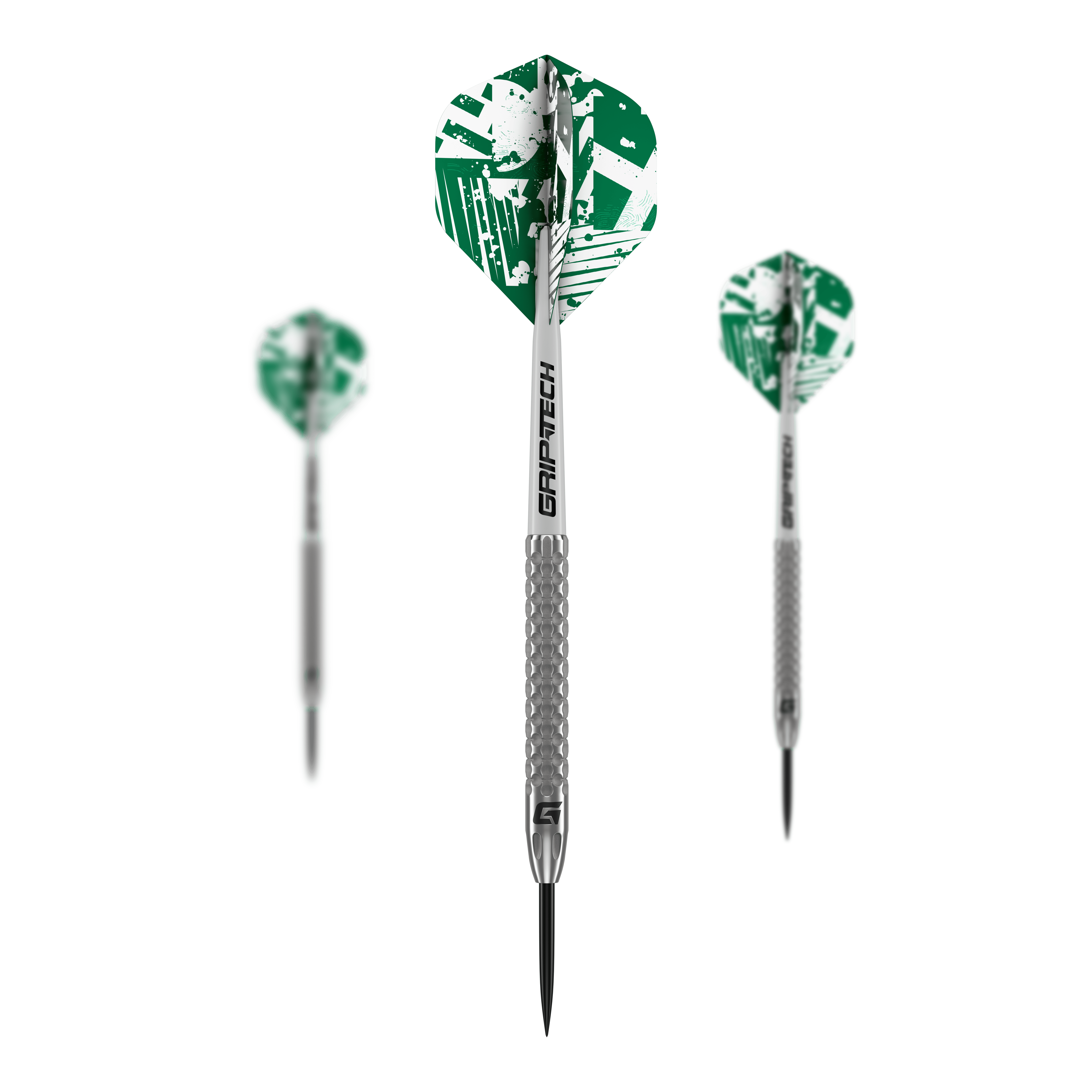 Fléchettes GOAT Fairway V2 en acier tungstène Das Bild zeigt drei GOAT Fairway V2 Tungsten Steeldarts mit silbernen Schäften und grünen Flights. Auf den Schäften steht "GRIPTECH" und die Darts haben eine strukturierte Griffzone.