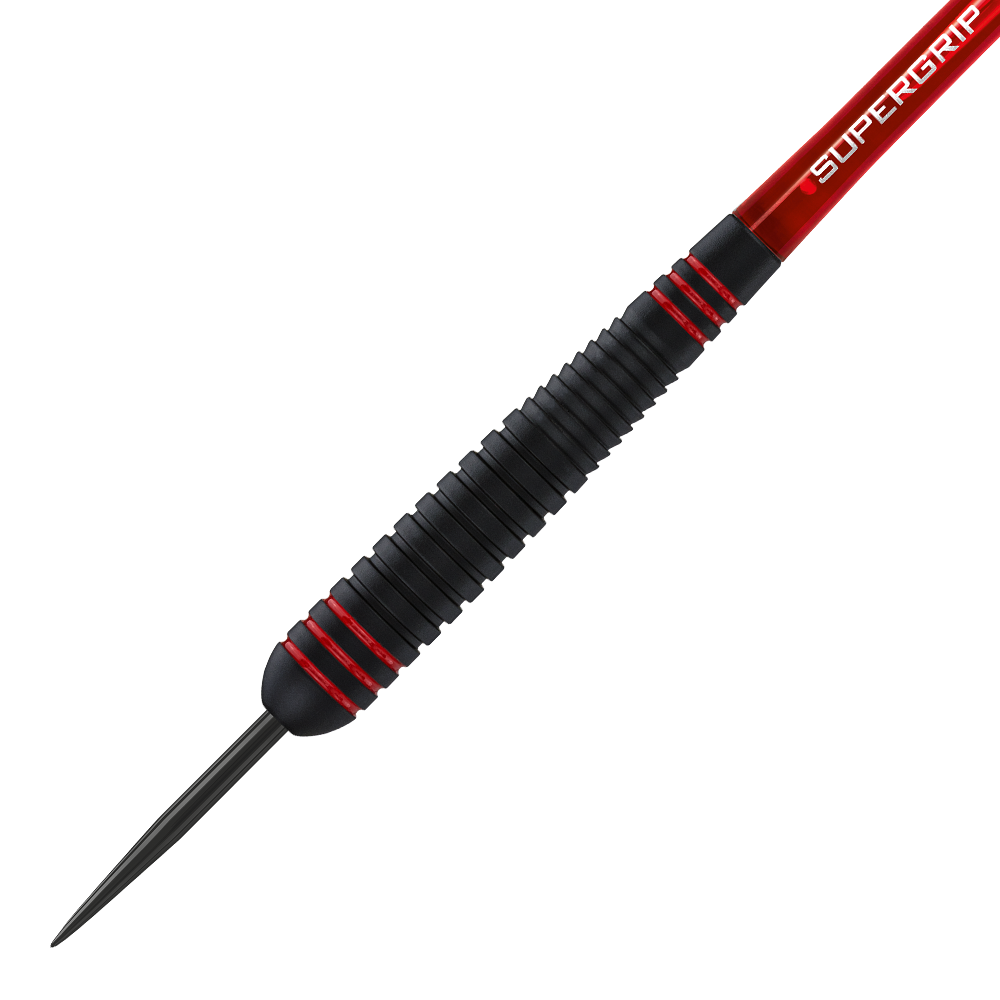 HA13746-Harrows-ACE-Rubber-Grip-Steeldarts-2 Das Bild zeigt einen Harrows ACE Rubber Grip Steeldart mit schwarzem, gerilltem Griff und roten Akzenten. Die Spitze ist aus Metall und der Schaft trägt die Aufschrift "Supergrip".